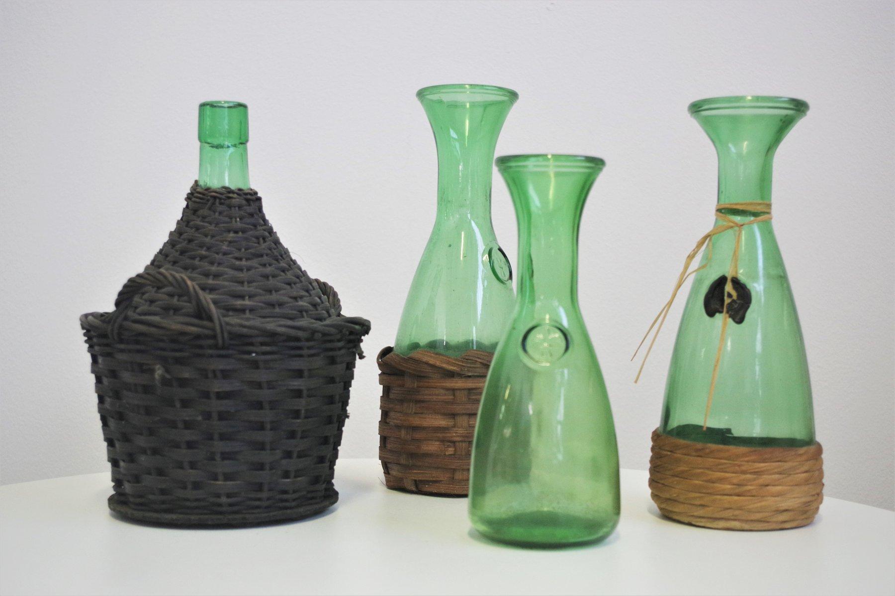 Set of 4 1950s Green Glass Decanters with Straw - Rustic Charm For Sale 9