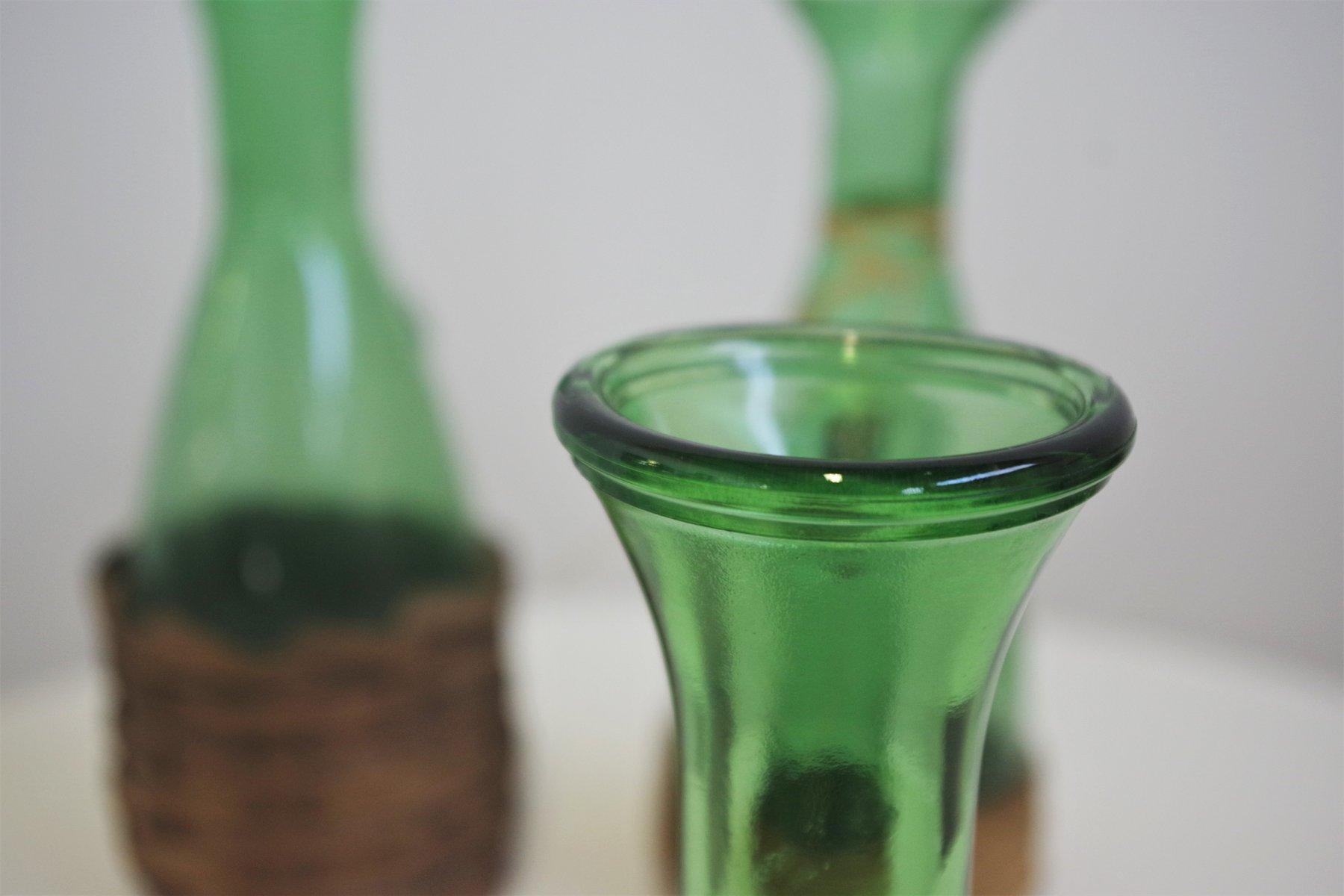 Italian Set of 4 1950s Green Glass Decanters with Straw - Rustic Charm For Sale