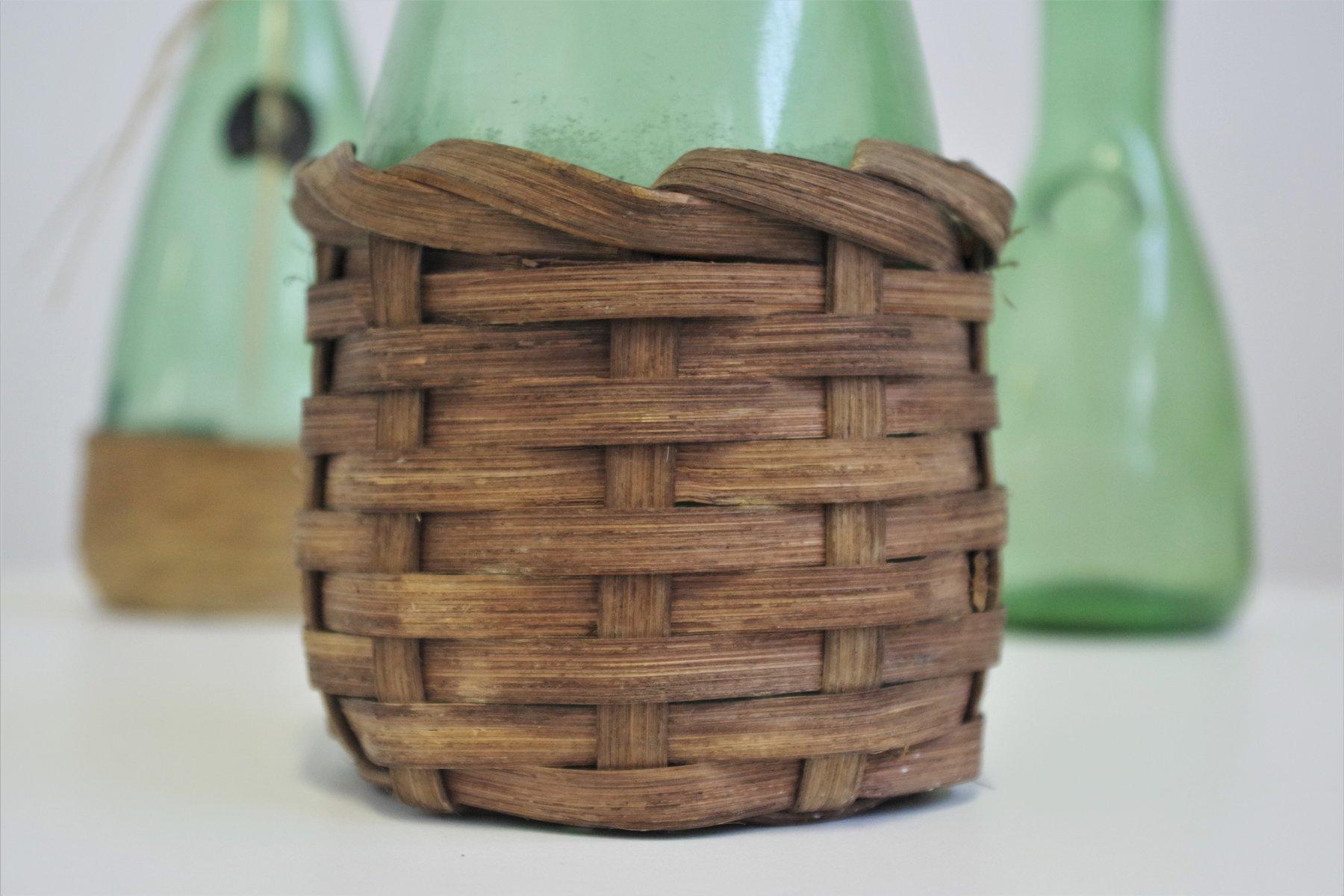 Set of 4 1950s Green Glass Decanters with Straw - Rustic Charm For Sale 1