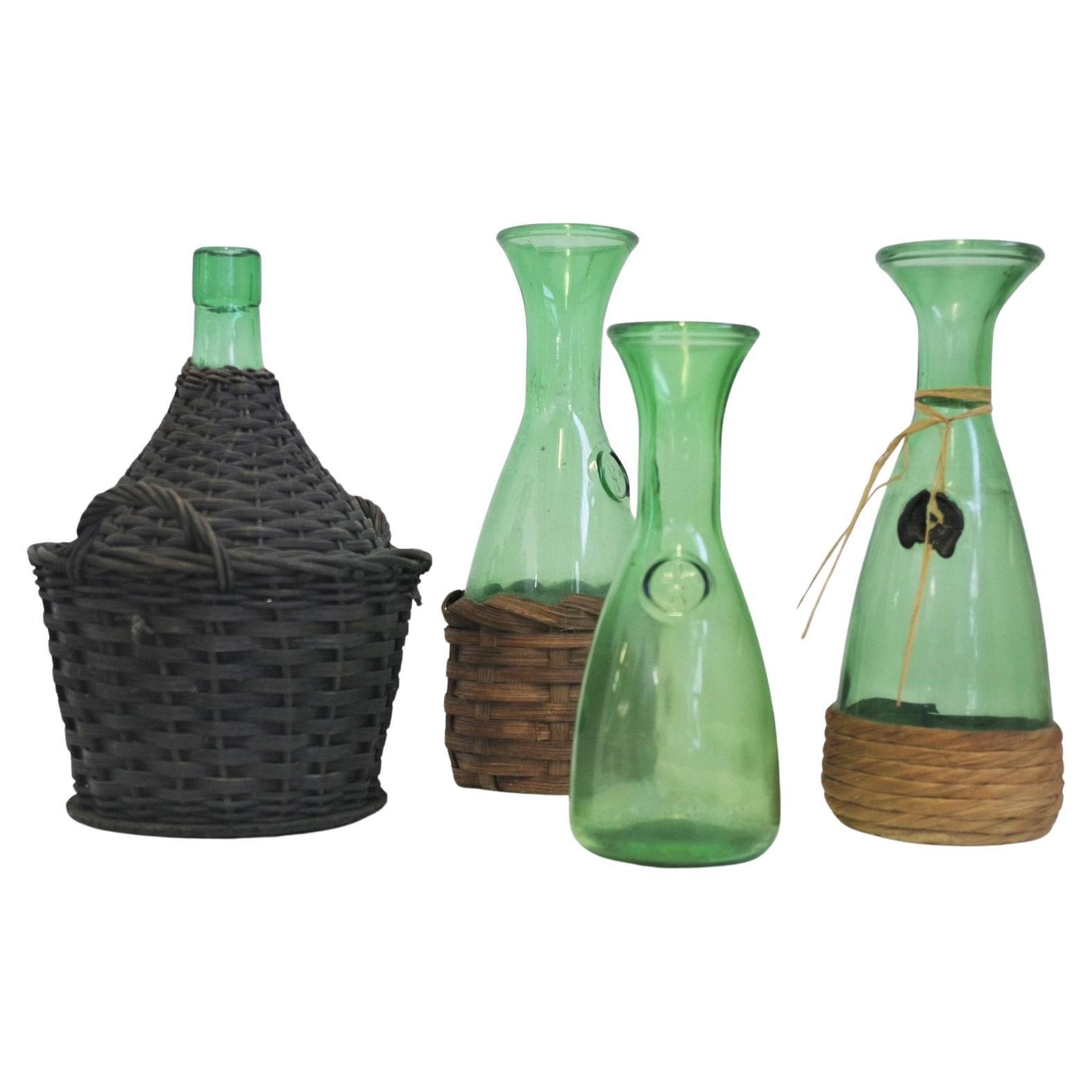 Set of 4 1950s Green Glass Decanters with Straw – Rustic Charm