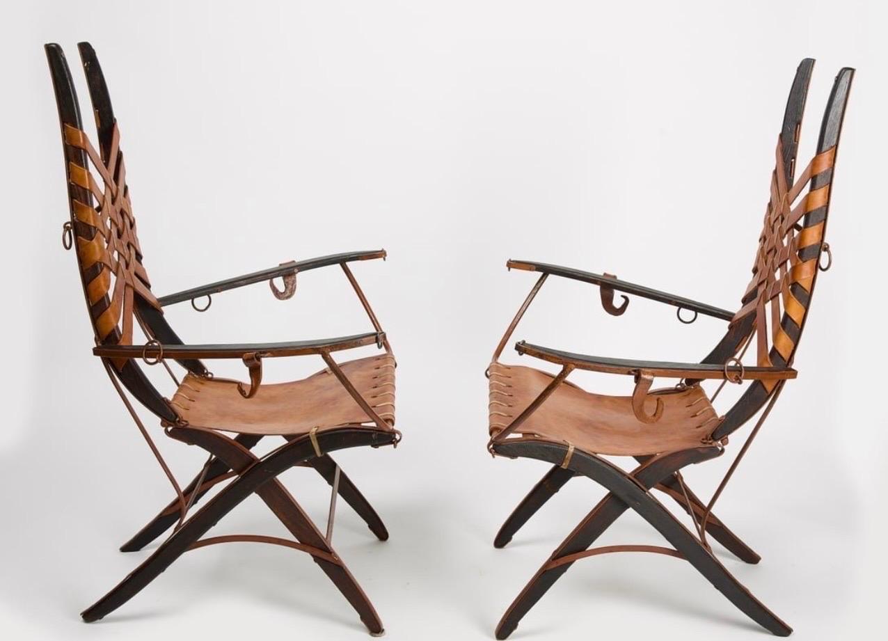 Italian Set of 4 1960's Alberto Marconetti Leather, Iron and Wood Arm Chairs For Sale