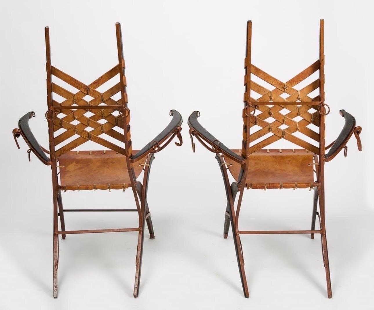 Hand-Crafted Set of 4 1960's Alberto Marconetti Leather, Iron and Wood Arm Chairs For Sale