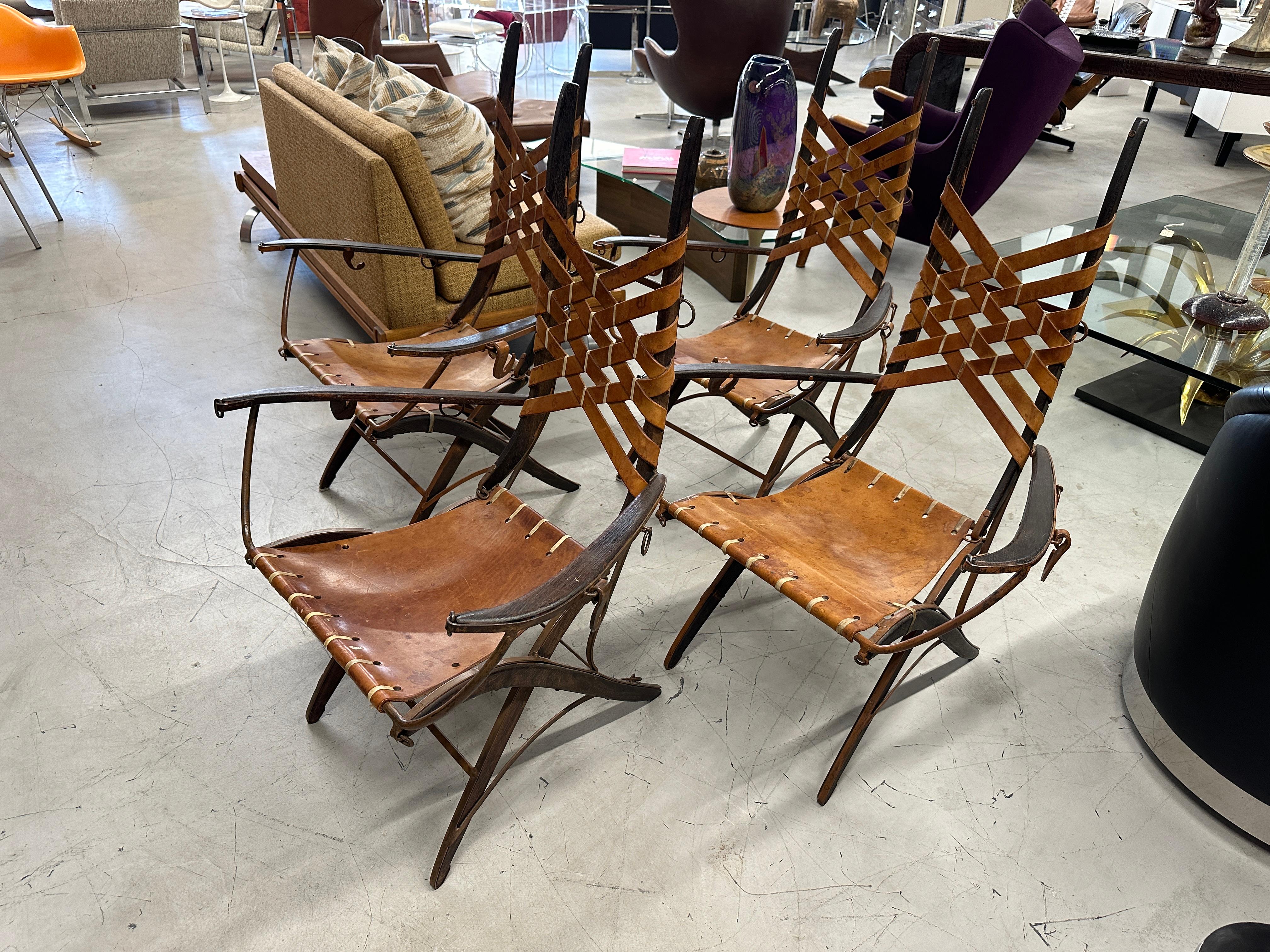 Set of 4 1960's Alberto Marconetti Leather, Iron and Wood Arm Chairs For Sale 1
