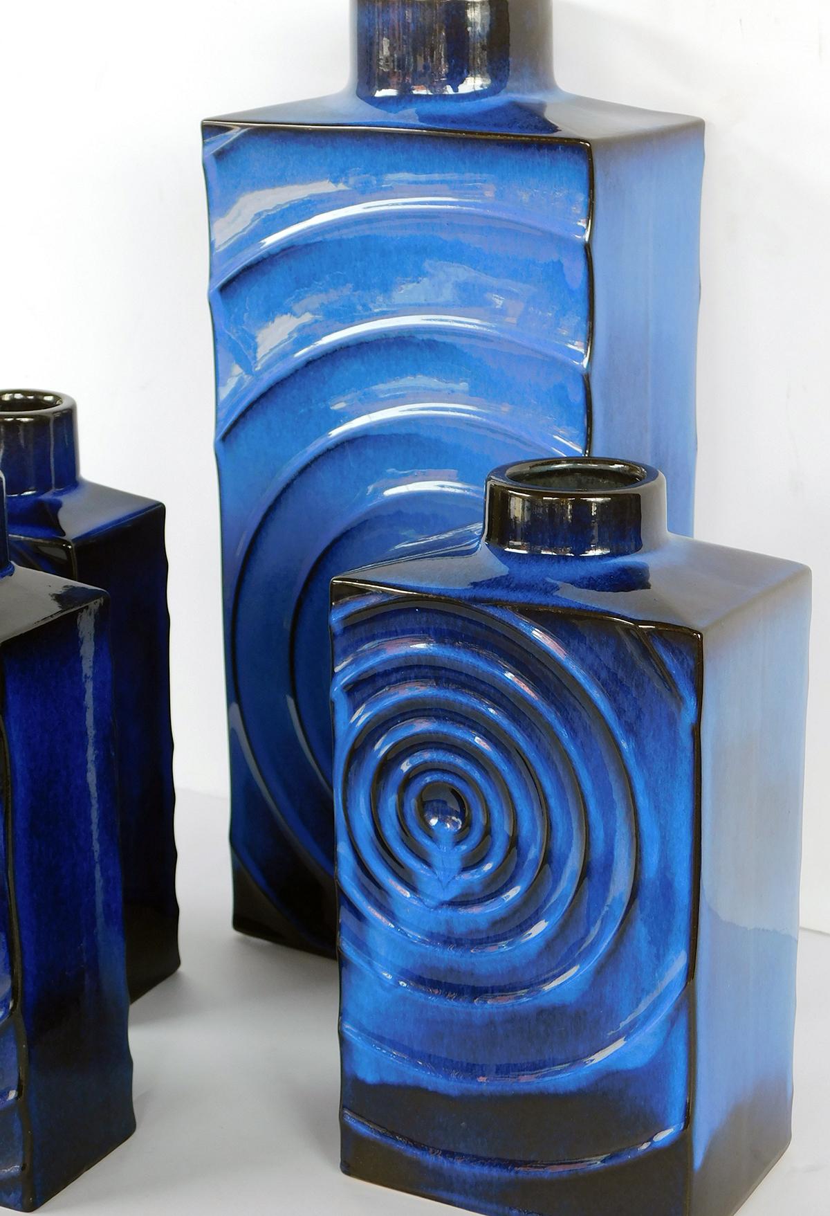 Modern Set of 4 1960's Cari Zalloni for Steuler Keramik Blue-on-Black 'Zyklon' Vases For Sale