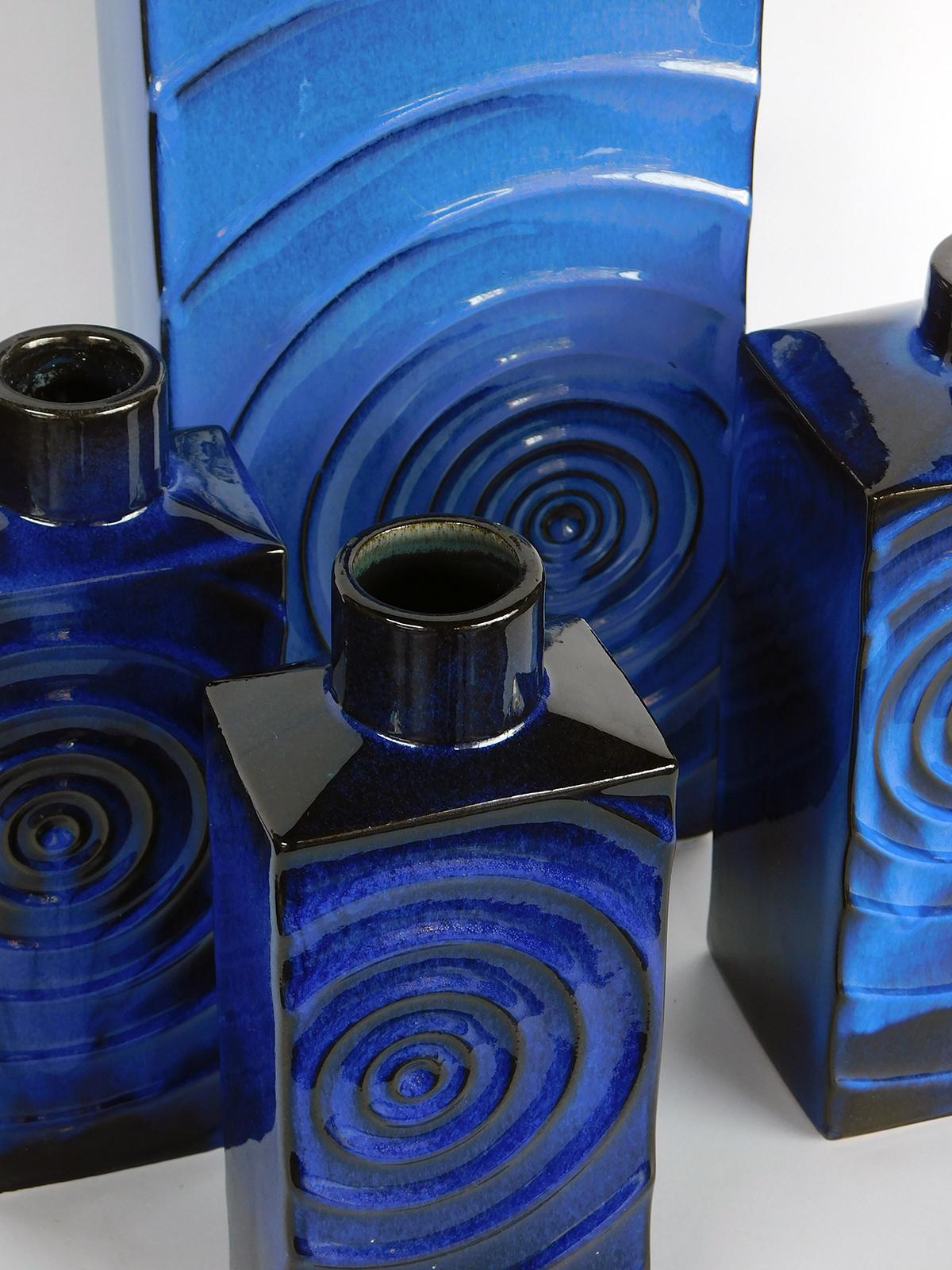 German Set of 4 1960's Cari Zalloni for Steuler Keramik Blue-on-Black 'Zyklon' Vases For Sale