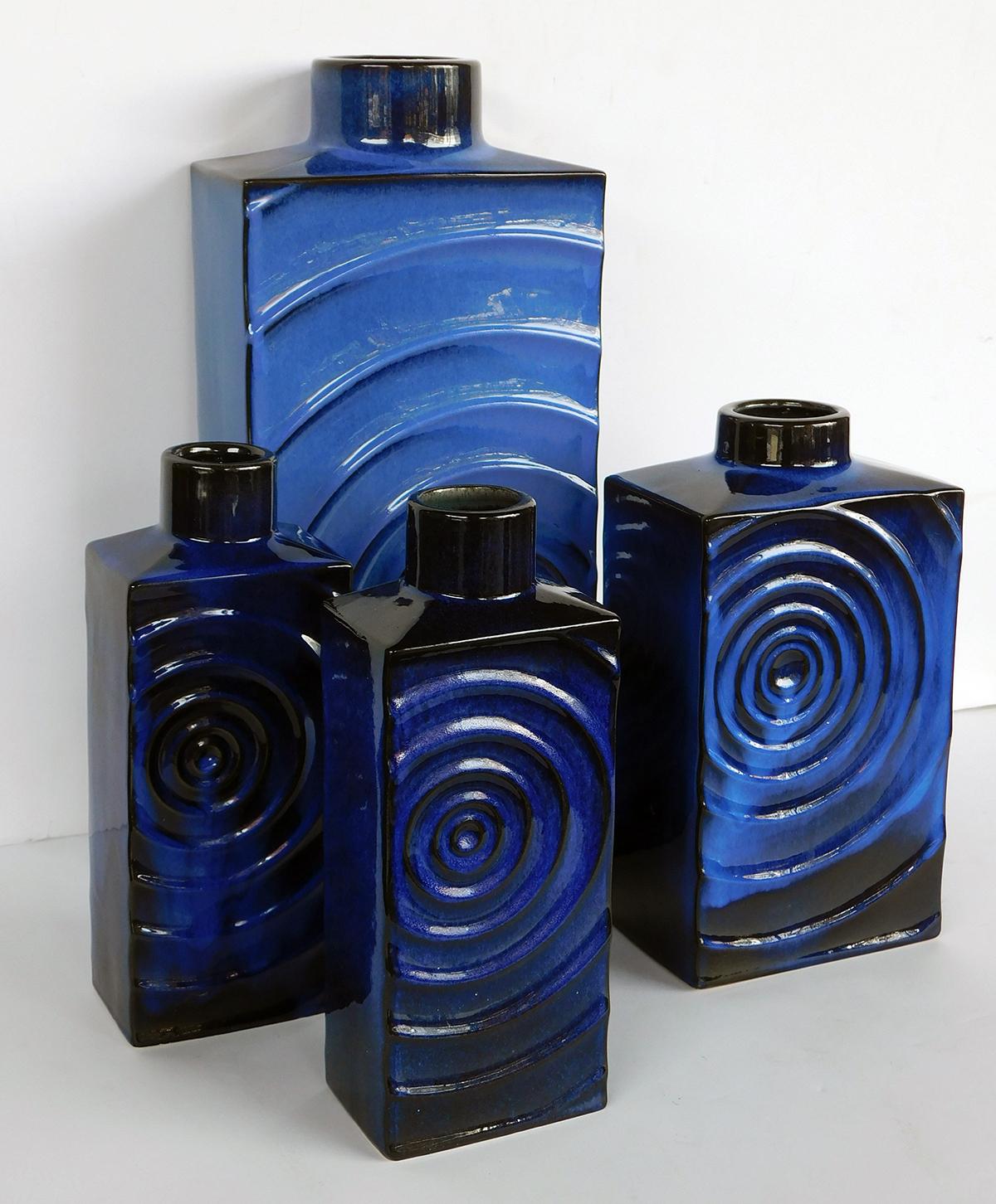 Glazed Set of 4 1960's Cari Zalloni for Steuler Keramik Blue-on-Black 'Zyklon' Vases For Sale