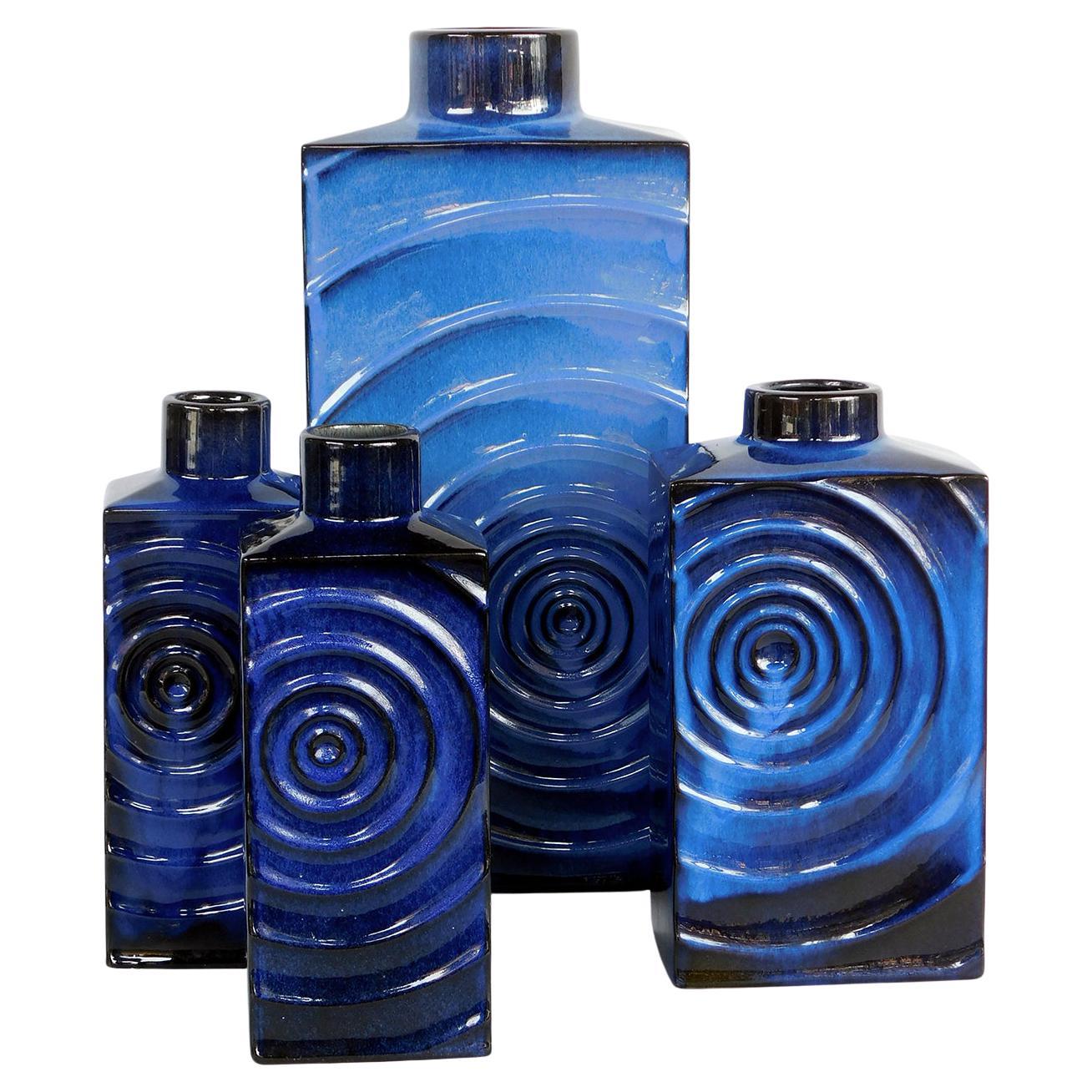 Set of 4 1960's Cari Zalloni for Steuler Keramik Blue-on-Black 'Zyklon' Vases For Sale