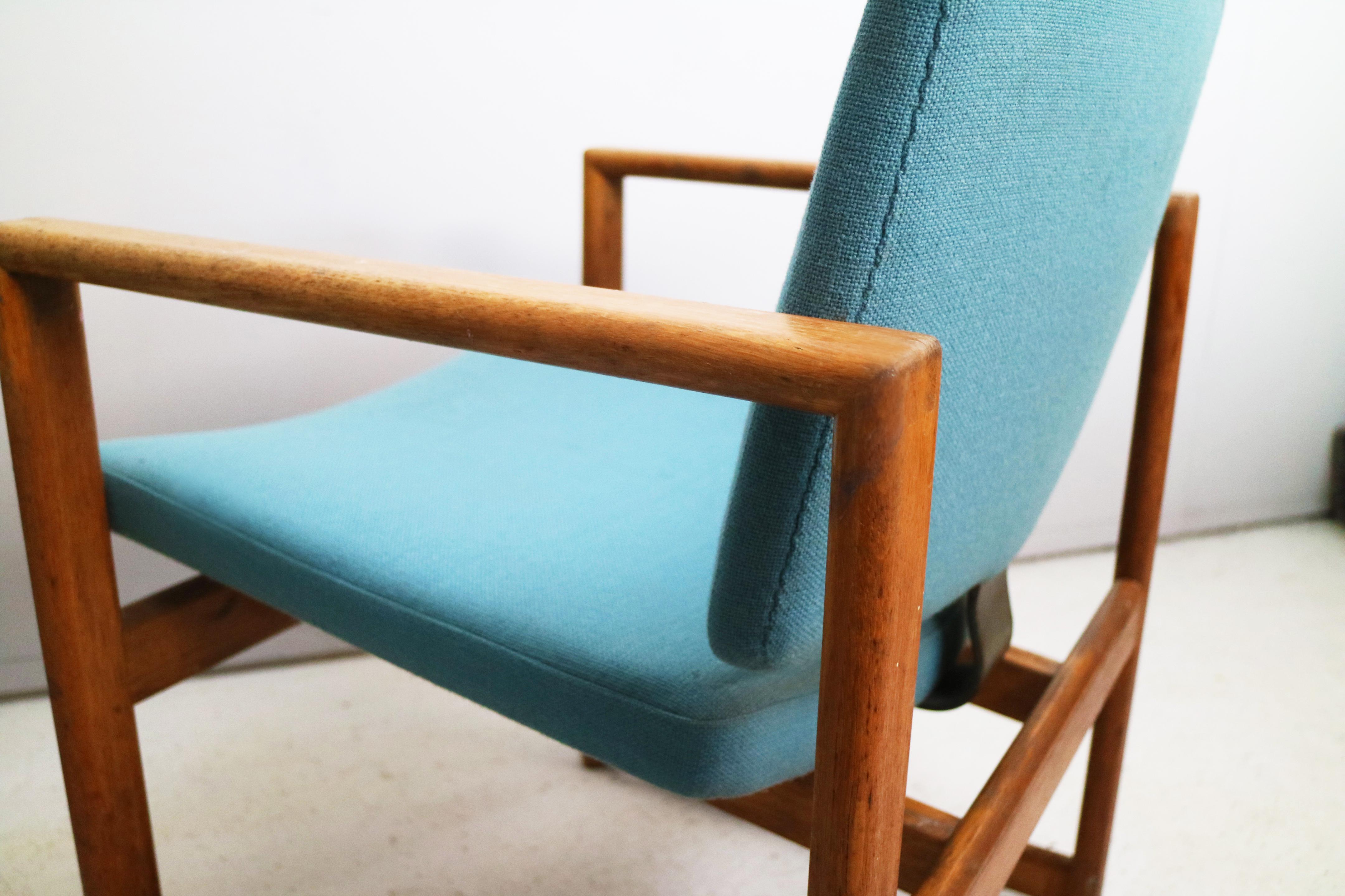 These chairs have geometrically shaped solid oak frames with light blue original upholstery. The back has a single sprung steel support.

The price listed is for all four chairs
Happy to split the set into pairs.
   