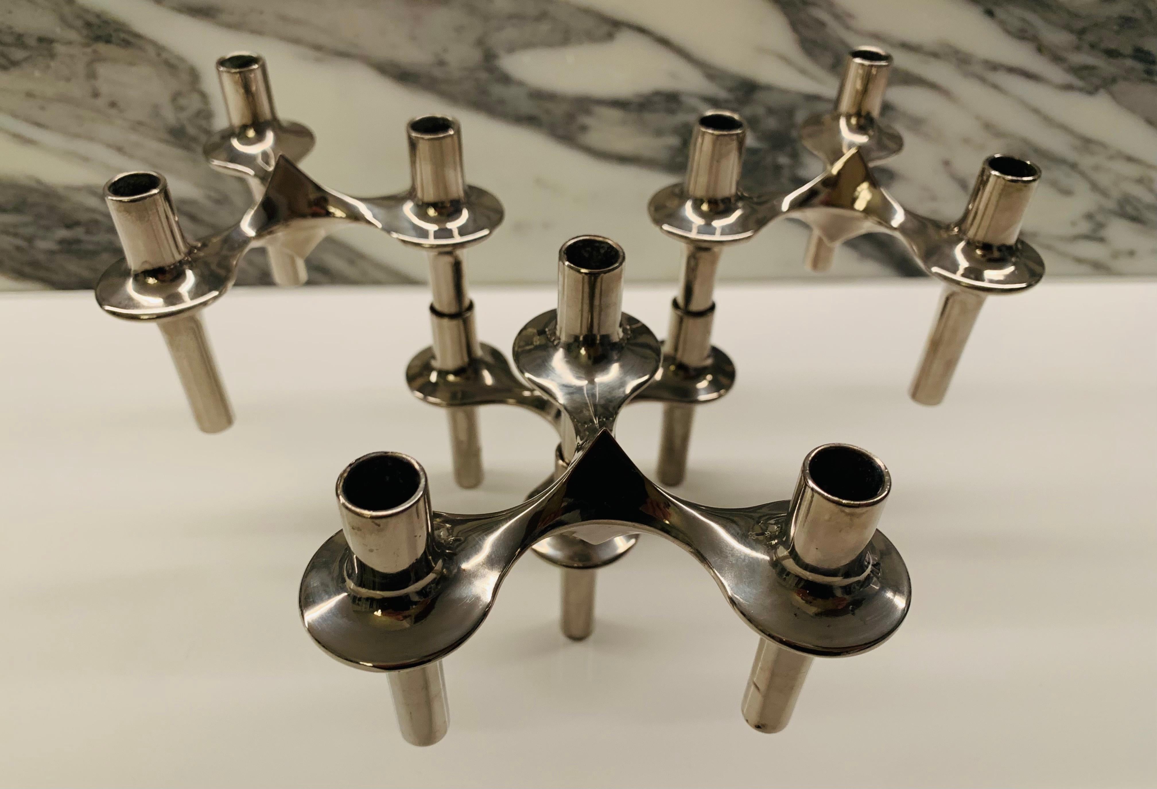 Set of 4 1960s German BMF Nagel Chrome Modular Candle Holders by Stoffi & Nagel In Good Condition In London, England