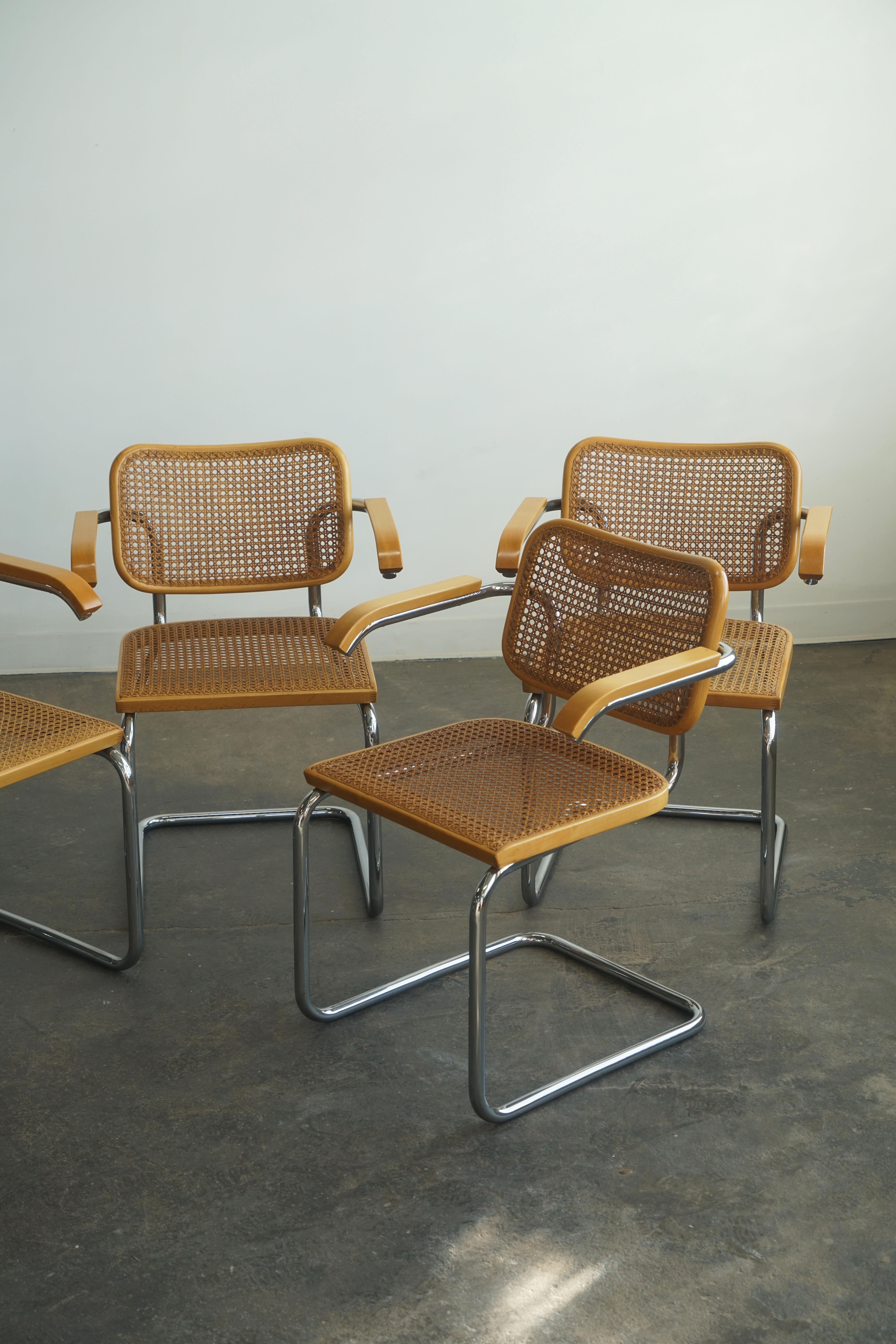 Bauhaus Set of 4 1960's Marcel Breuer Cesca chairs with arms, Stendig labels For Sale
