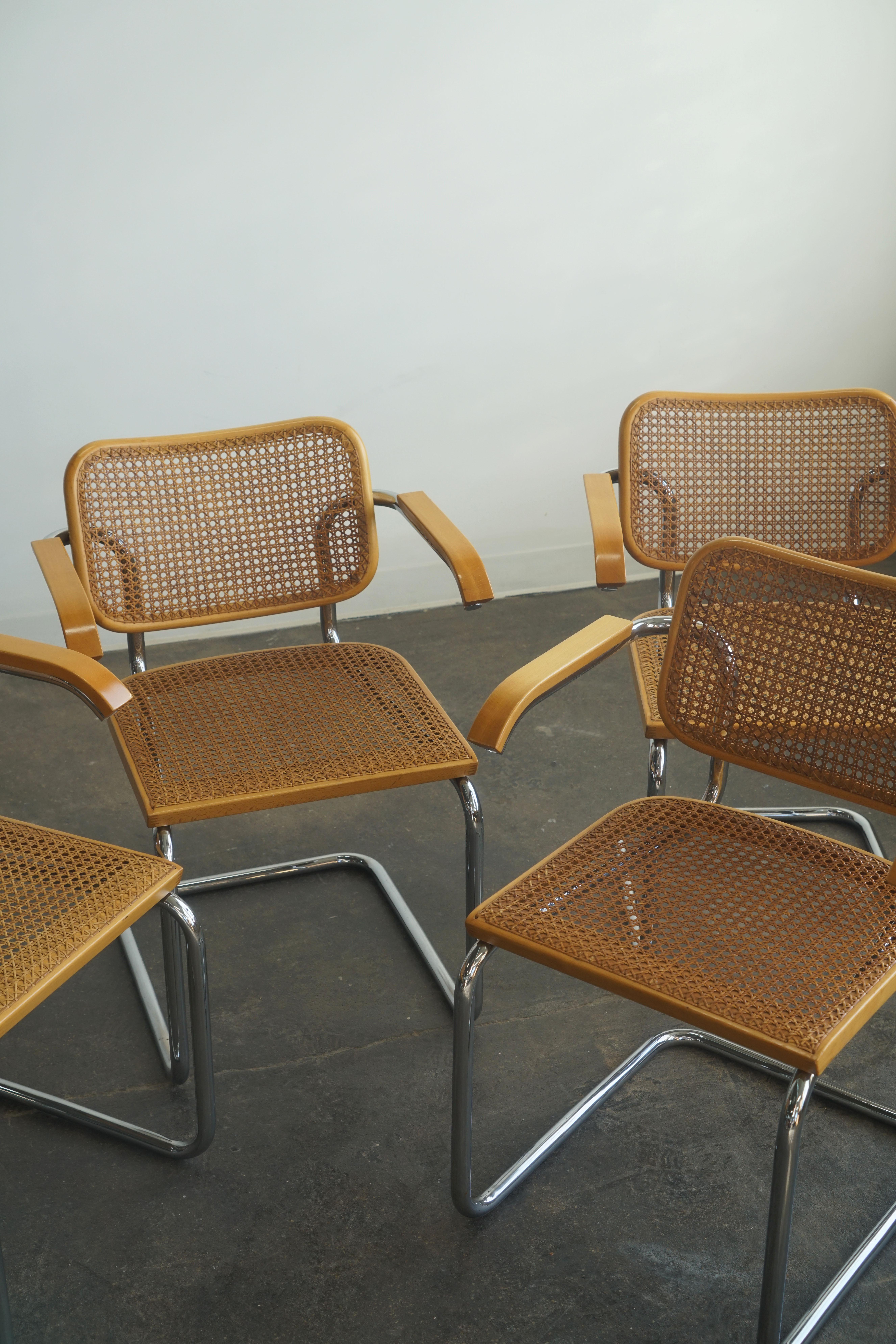 Italian Set of 4 1960's Marcel Breuer Cesca chairs with arms, Stendig labels For Sale