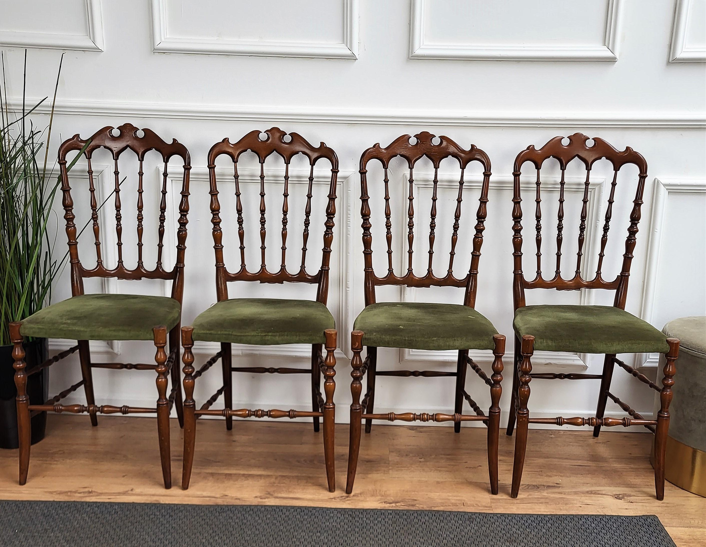 1970s Italian Chiavari chairs with great vintage patina and perfect long lasting solid structure. The actual green velvet upholstery is used and in fair condition but can easily be renewed to customers' preference.

Chiavari chairs are named after