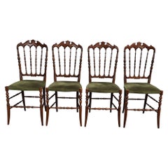 4er Set 1970er Jahre Italienischer Holz & Samtpolster Chiavari Stuhl