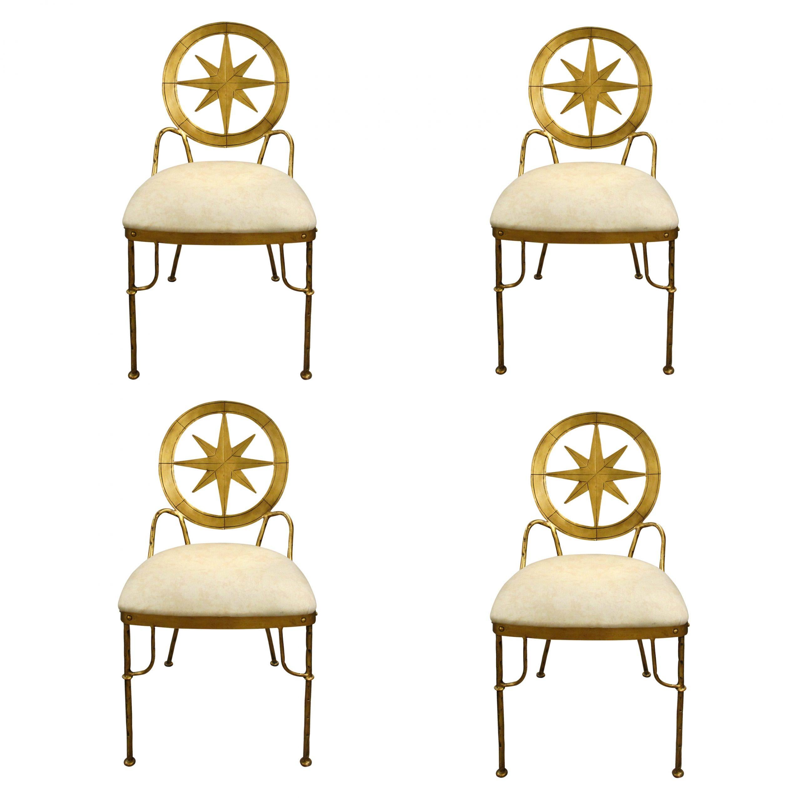 This is a very unusual and highly decorative set of four dining chairs. The chairs backrests are oval and curved; the very well designed stars give a comfortable back support. The seats are very well padded and upholstered in a light patterned