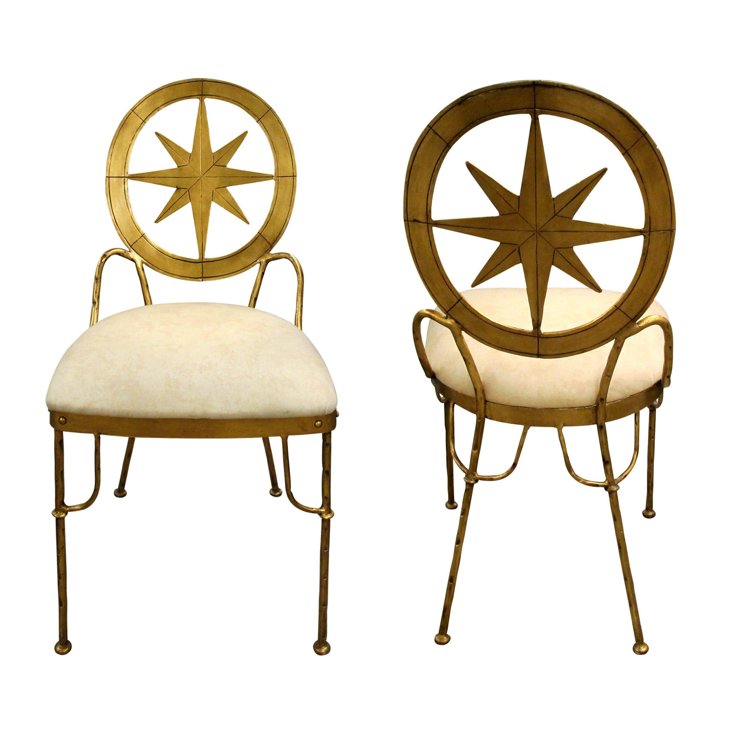 Mid-Century Modern Set of 4 1970s Mid Century Italian Decorative Gilt Metal Star Dining Chairs
