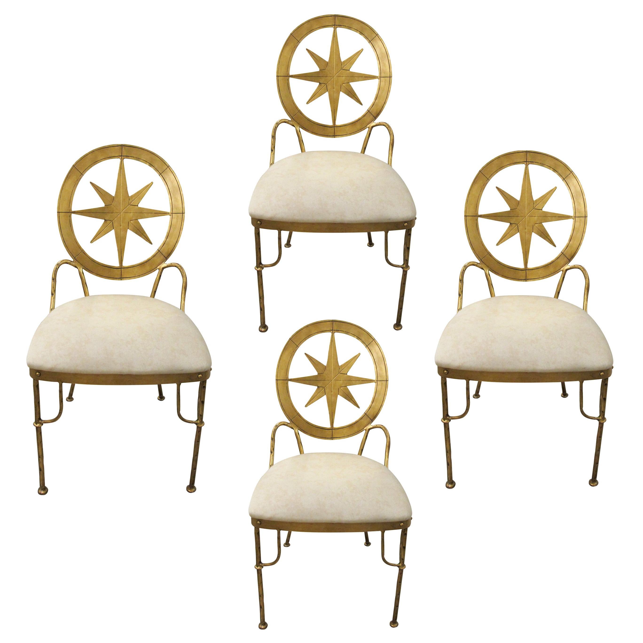 Set of 4 1970s Mid Century Italian Decorative Gilt Metal Star Dining Chairs