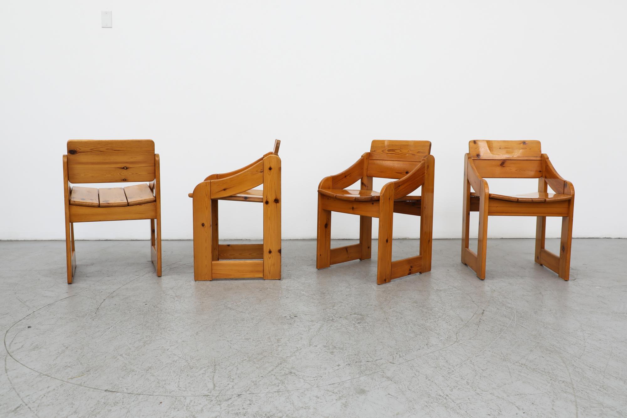 Mid-Century Modern Set of 4 1970's Mod Ate van Apeldoorn Style Square Frame Pine Dining Chairs