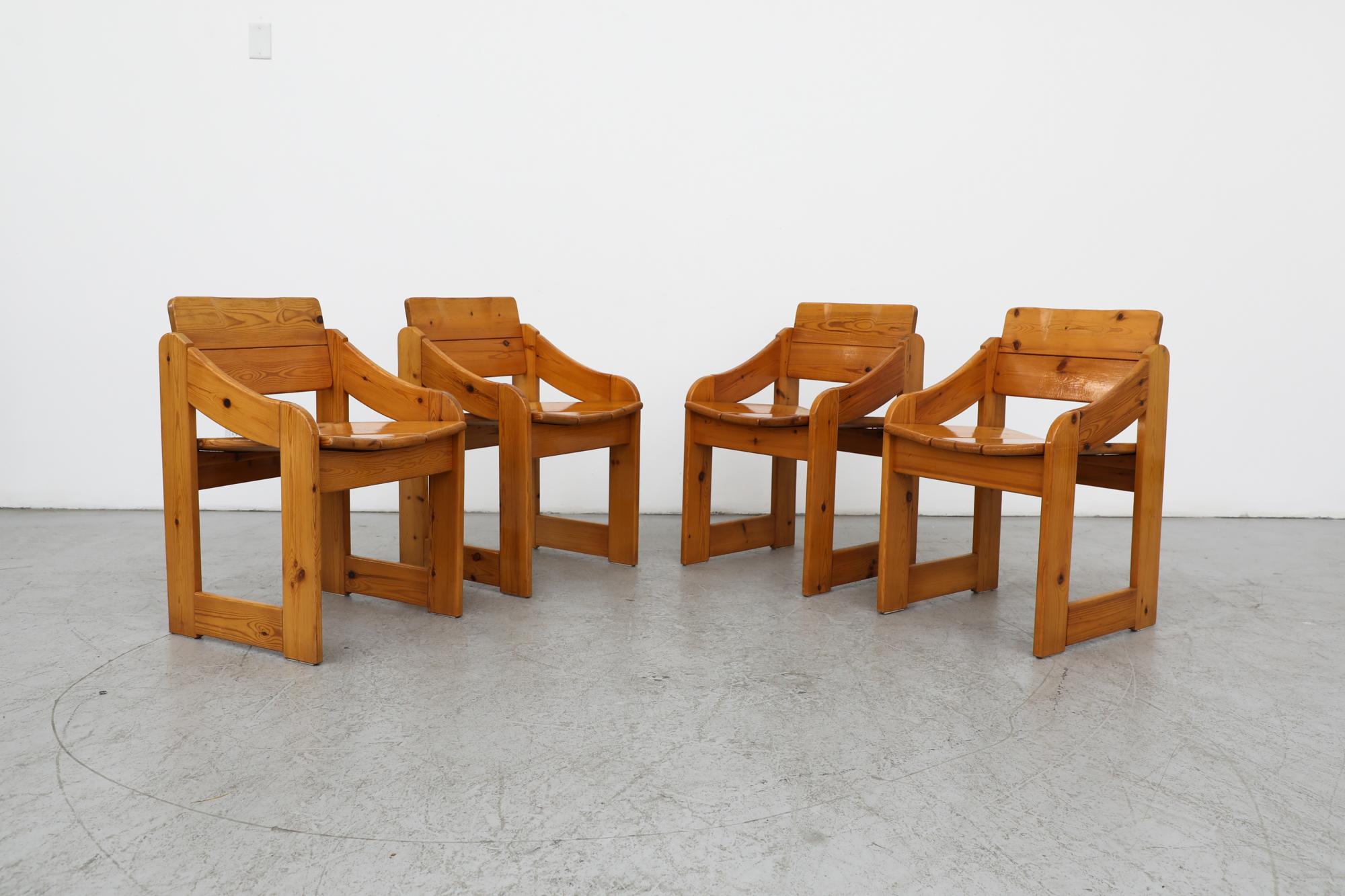 Dutch Set of 4 1970's Mod Ate van Apeldoorn Style Square Frame Pine Dining Chairs