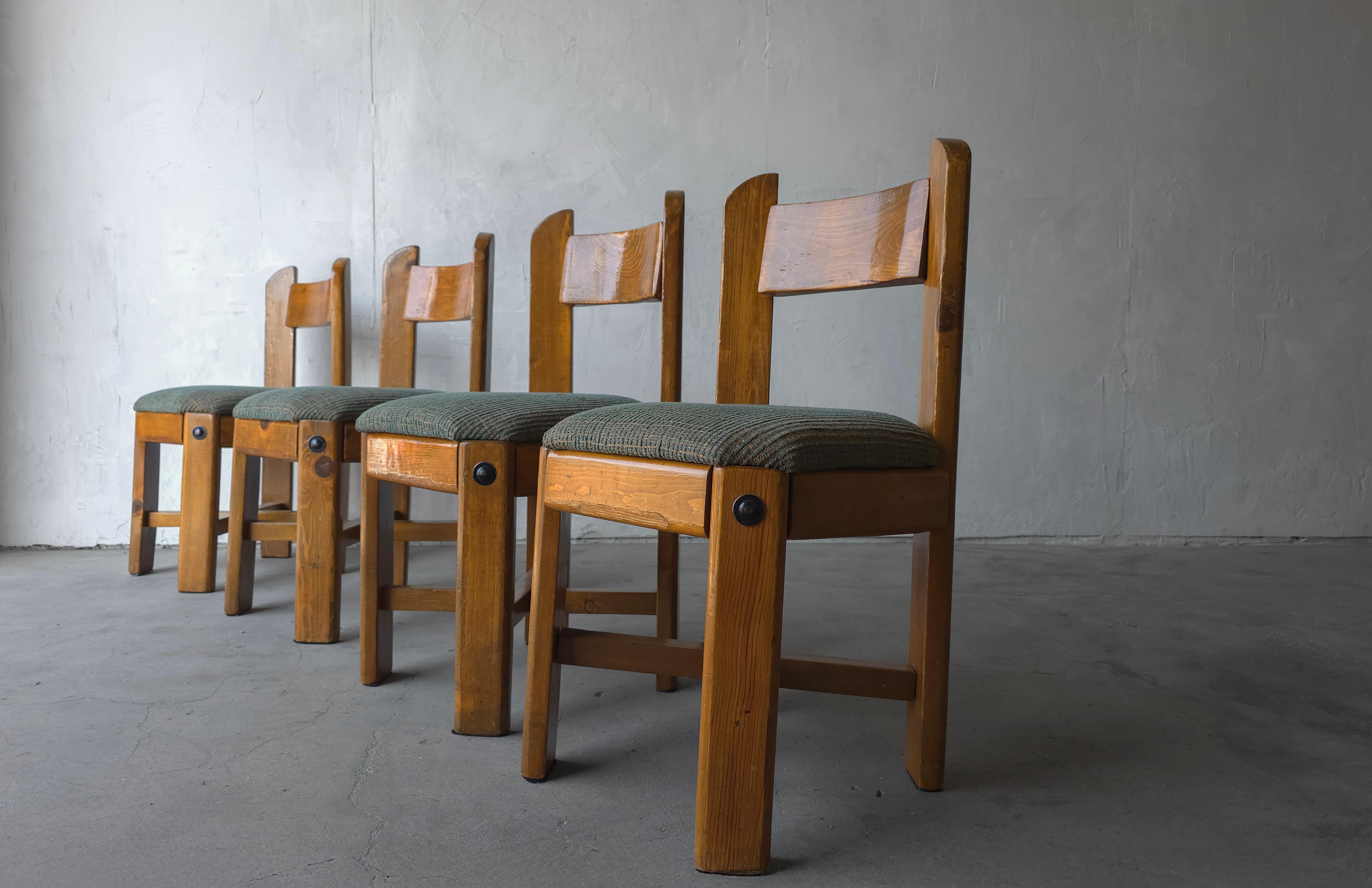 Chunky set of 4 Scandinavian modernist pine dining chairs.  The warm pine wood angularly crafted gives them an edgy appeal that still feel homey.  They will truly mesh well in most decors.

Chairs are sold as found in solid, useable condition.  They