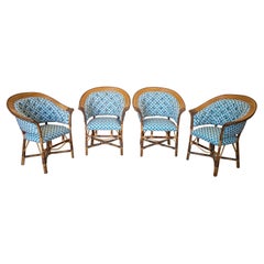 Set of 4 1970s Spanish Woven Wicker & Bamboo Reupholstered Armchairs