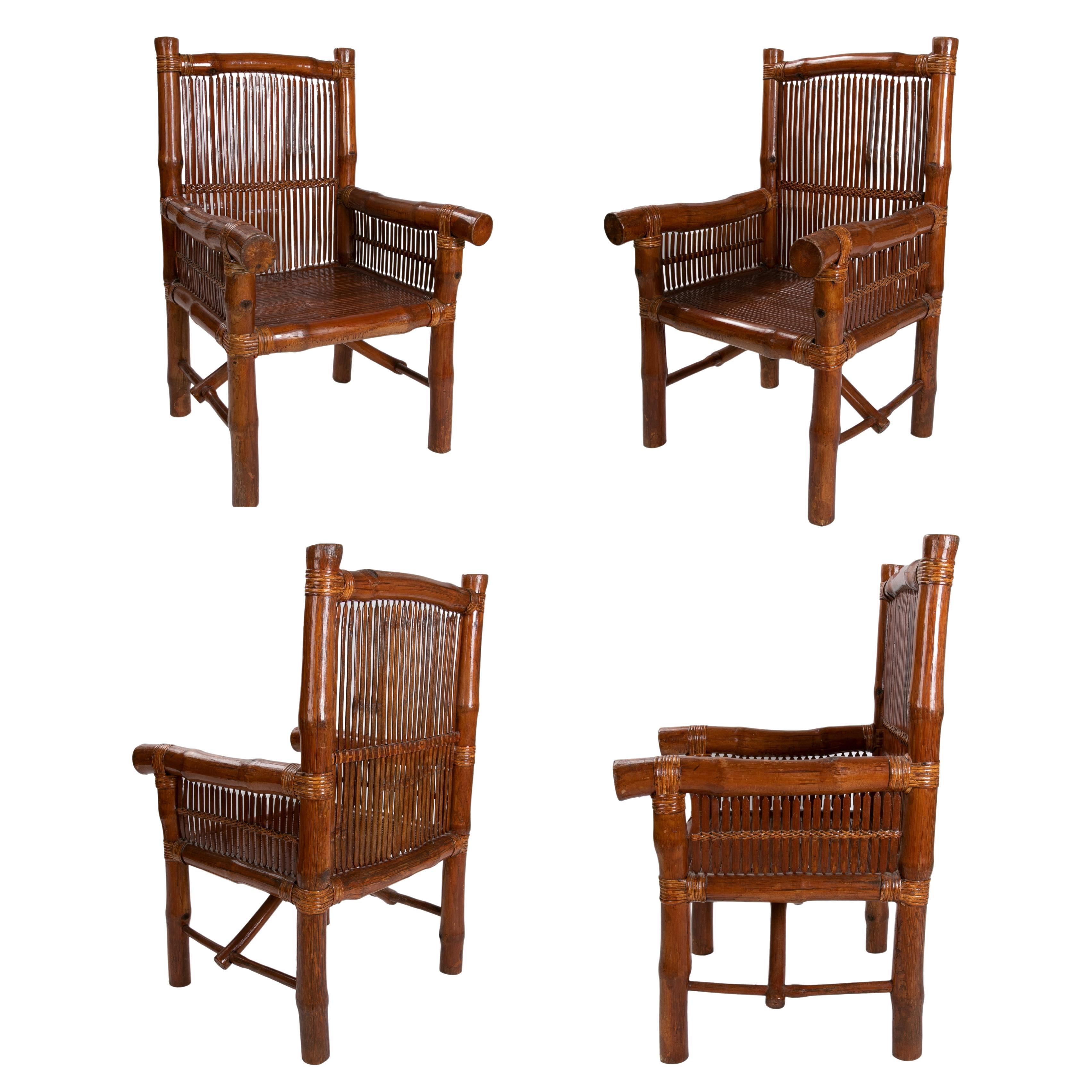 Set of 4 1980s Spanish Hand Woven Bamboo Armchairs For Sale