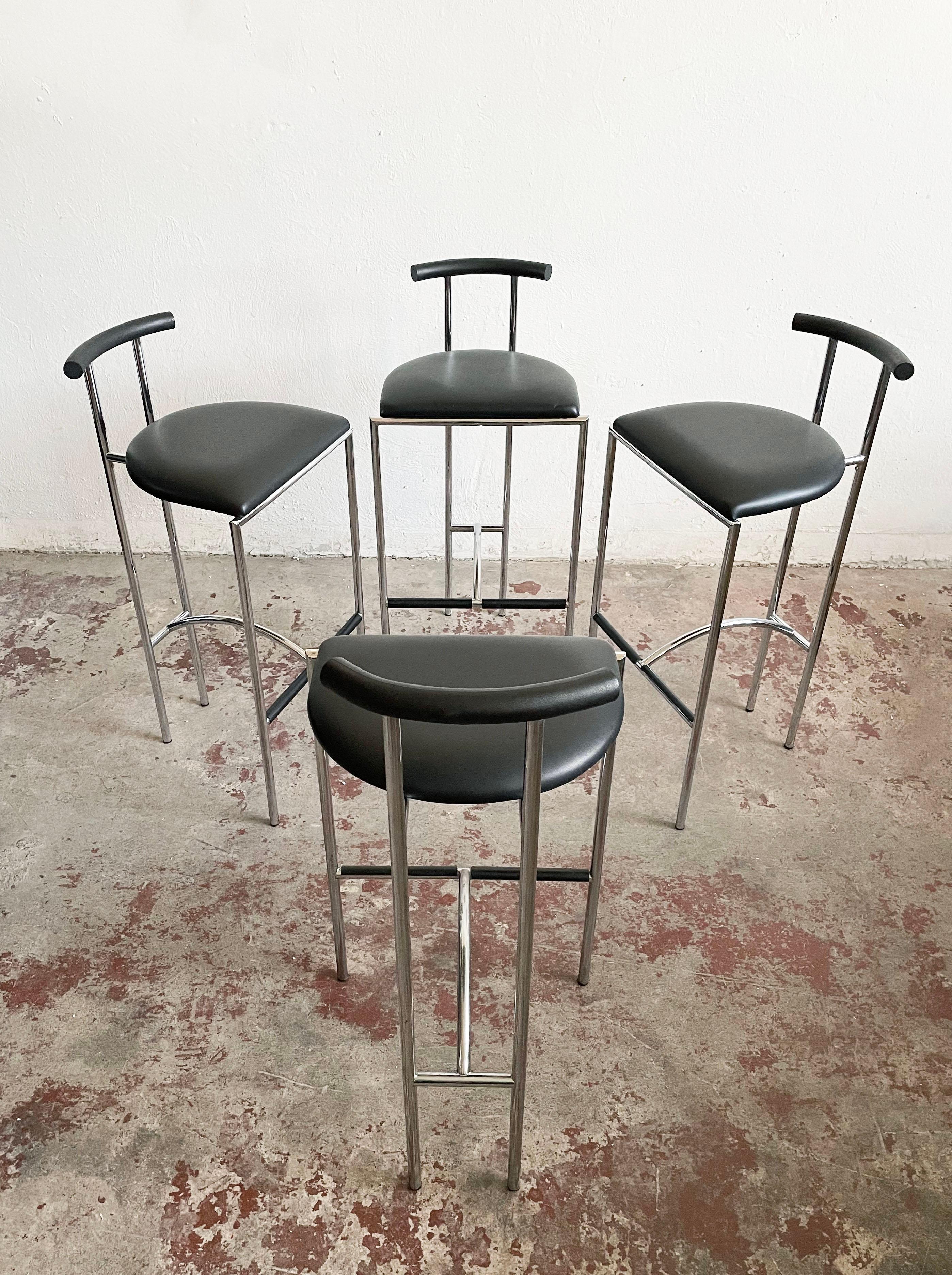 Sculptural Tokyo bar stools are iconic for the 1980s. Designed in postmodern style by Rodney Kinsman and produced by Bieffeplast. Italy. The stools were originally designed for London’s Groucho club.

Stools feature a minimalist steel frame and a