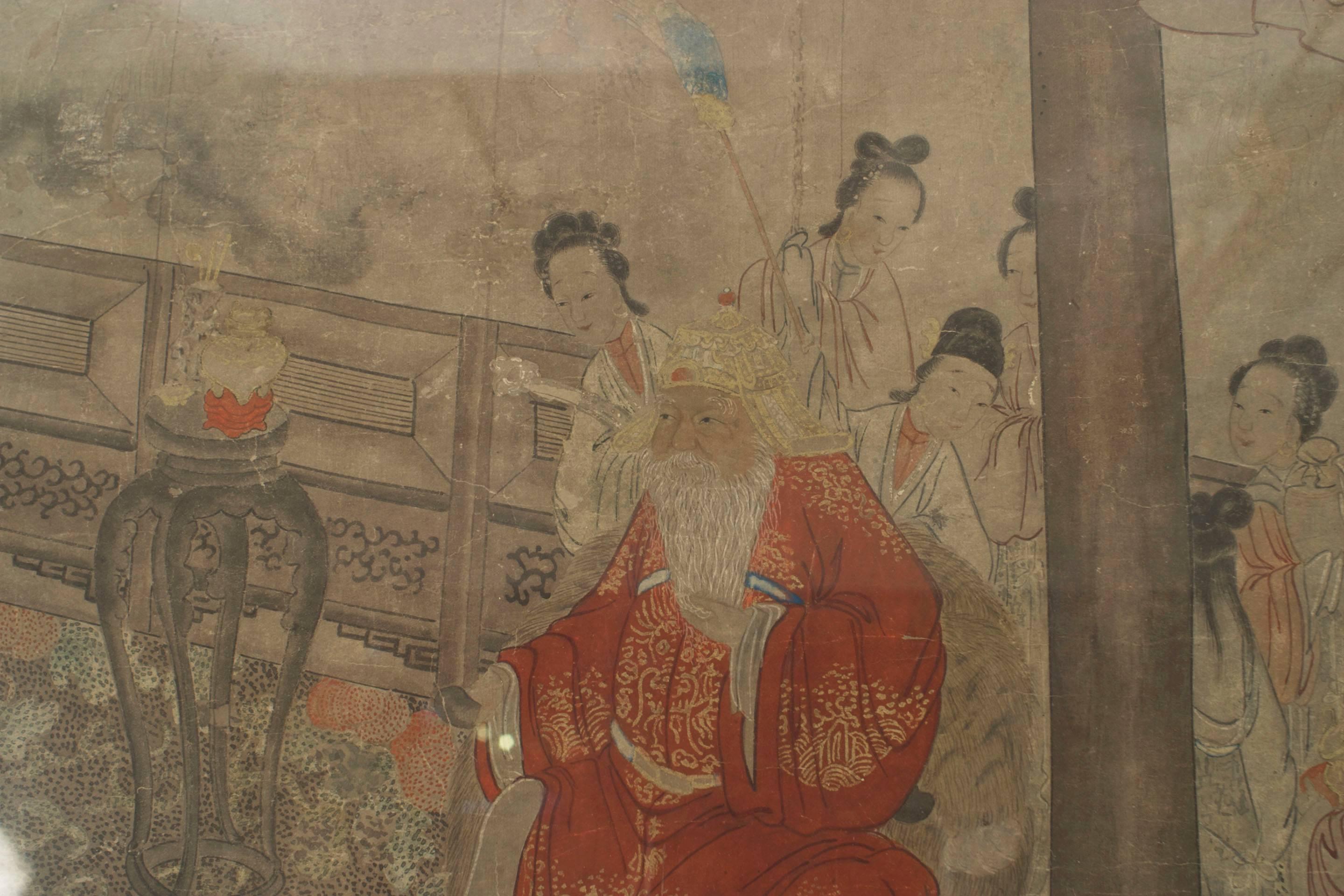 Satz von 4 vertikalen Wandtafeln im asiatisch-chinesischen Stil (19. Jh.) mit aquarellierten Landschaftsszenen auf Papier in silbernen Bambusimitatrahmen.
