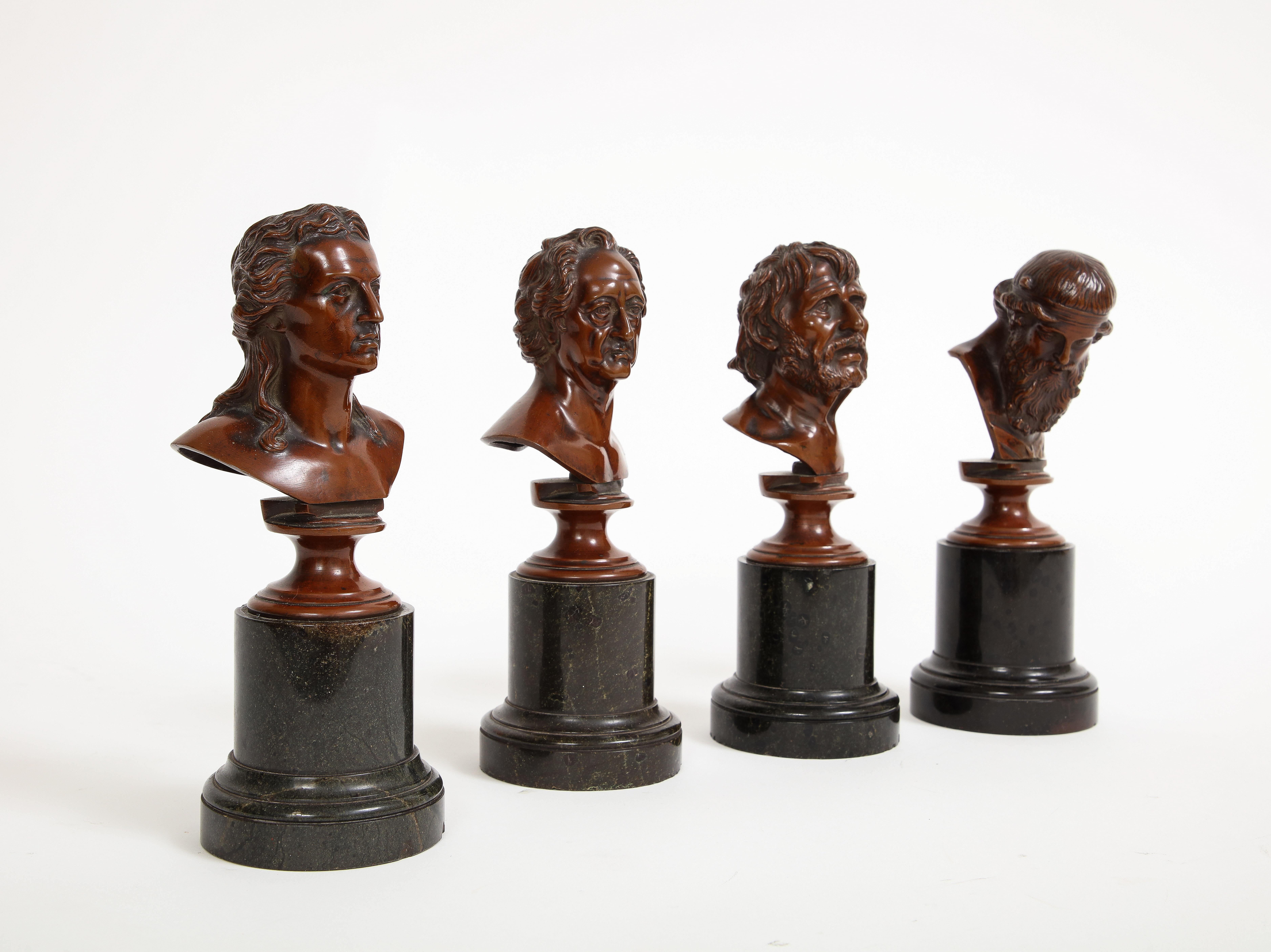 Louis XVI Set of 4 19th C. French Patinated Bronze Marble Mounted Busts of Philosophers For Sale
