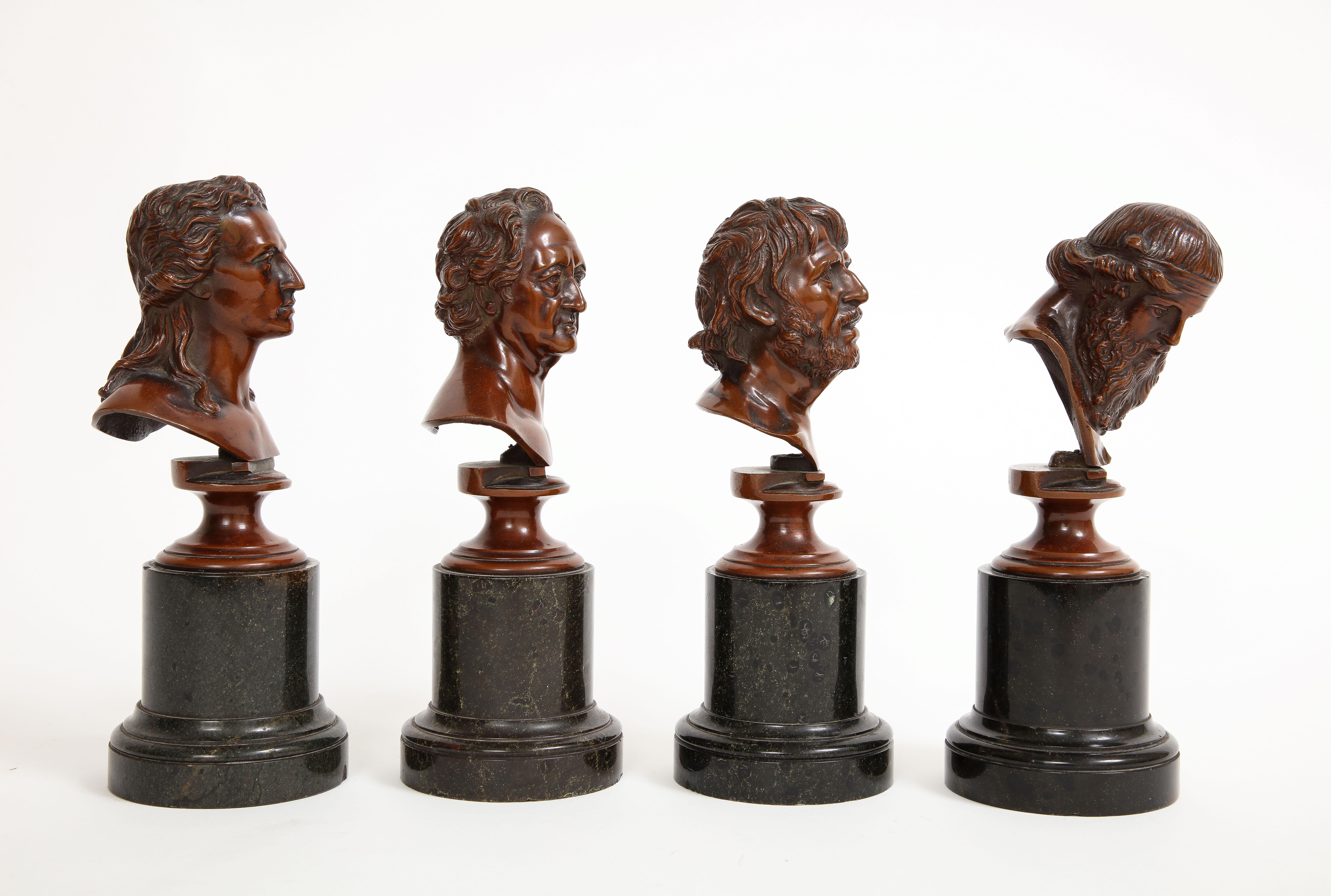 Hand-Carved Set of 4 19th C. French Patinated Bronze Marble Mounted Busts of Philosophers For Sale