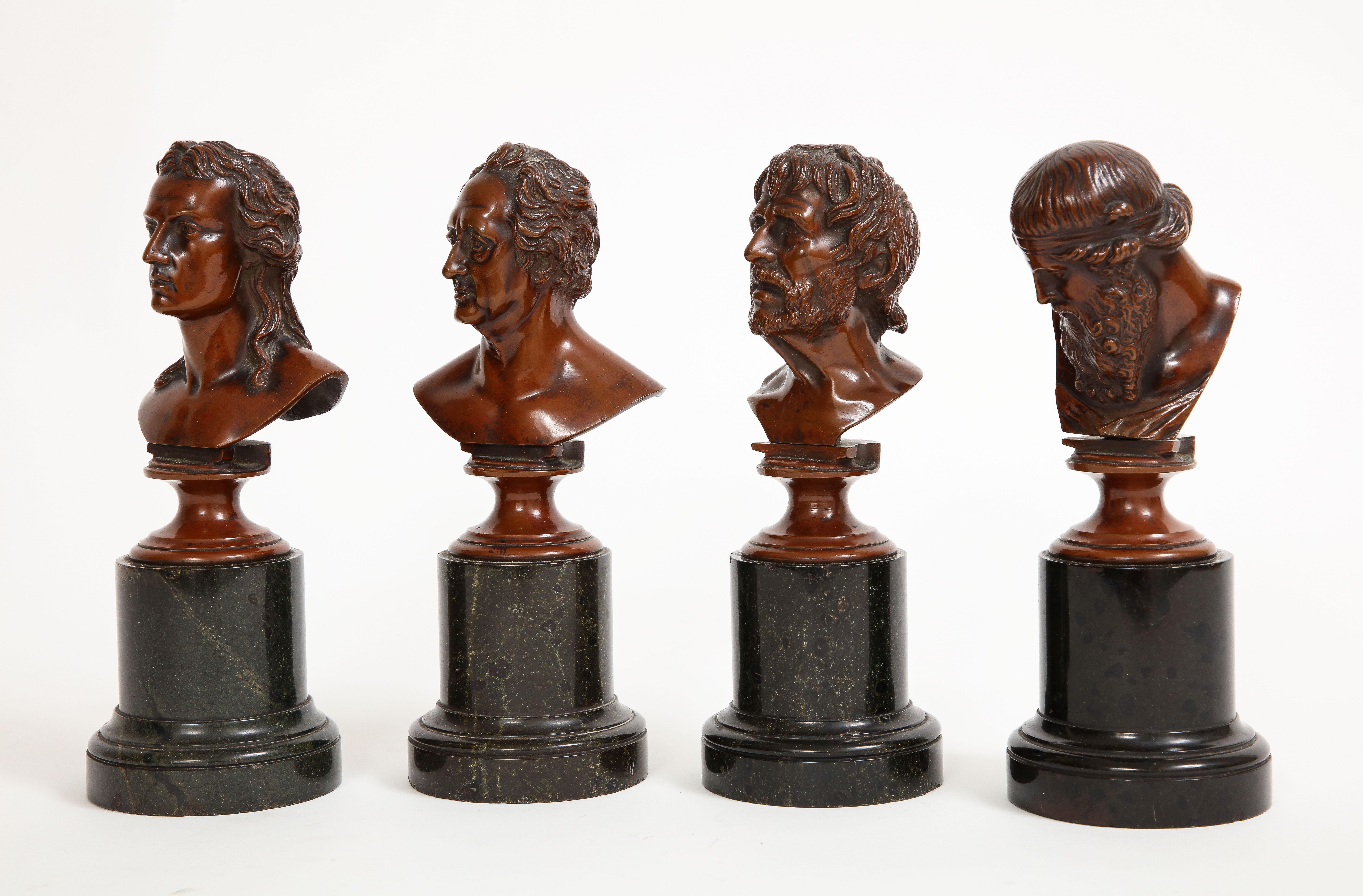 19th Century Set of 4 19th C. French Patinated Bronze Marble Mounted Busts of Philosophers For Sale