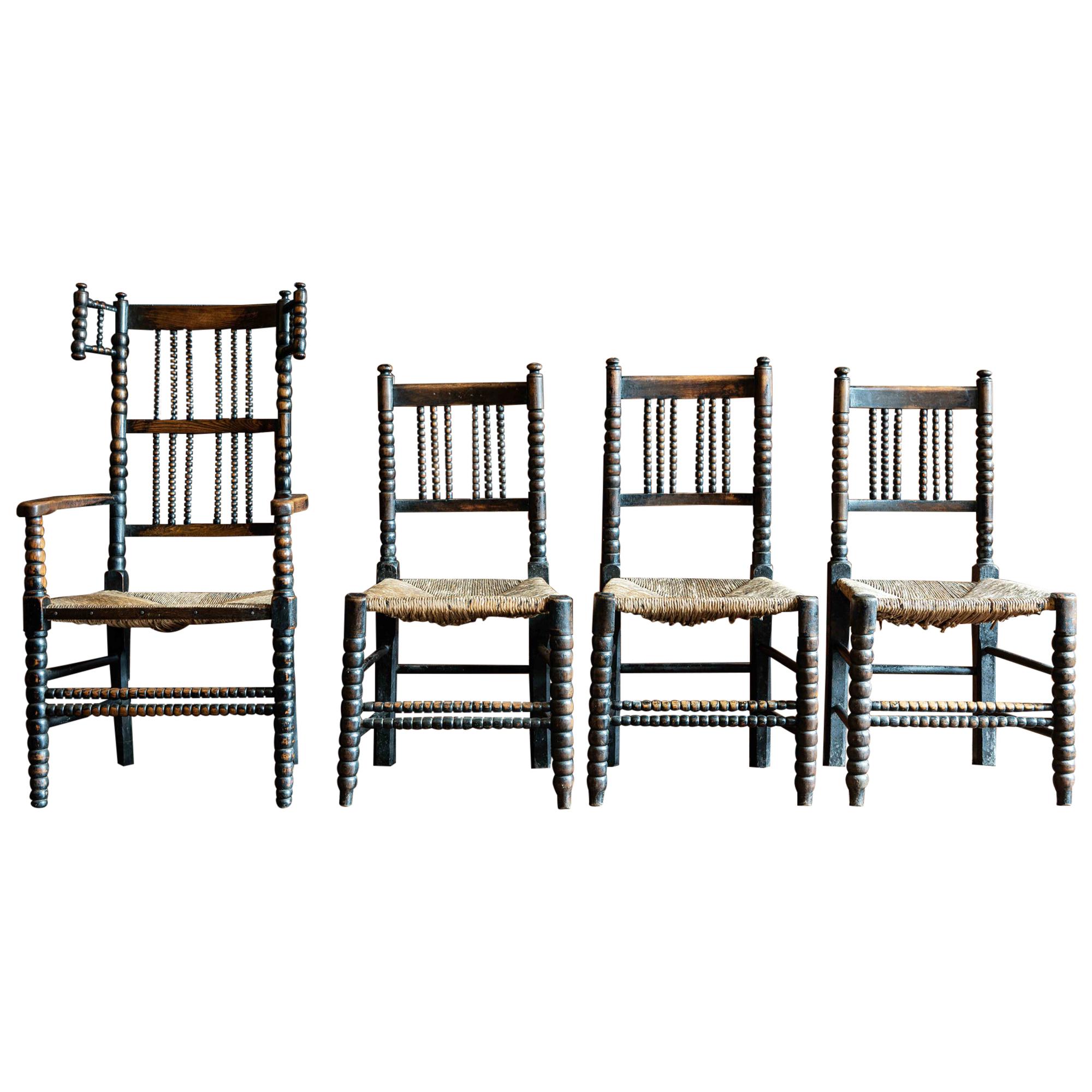 Set of 4 19th Century English Oak Ebonized Bobbin Chairs