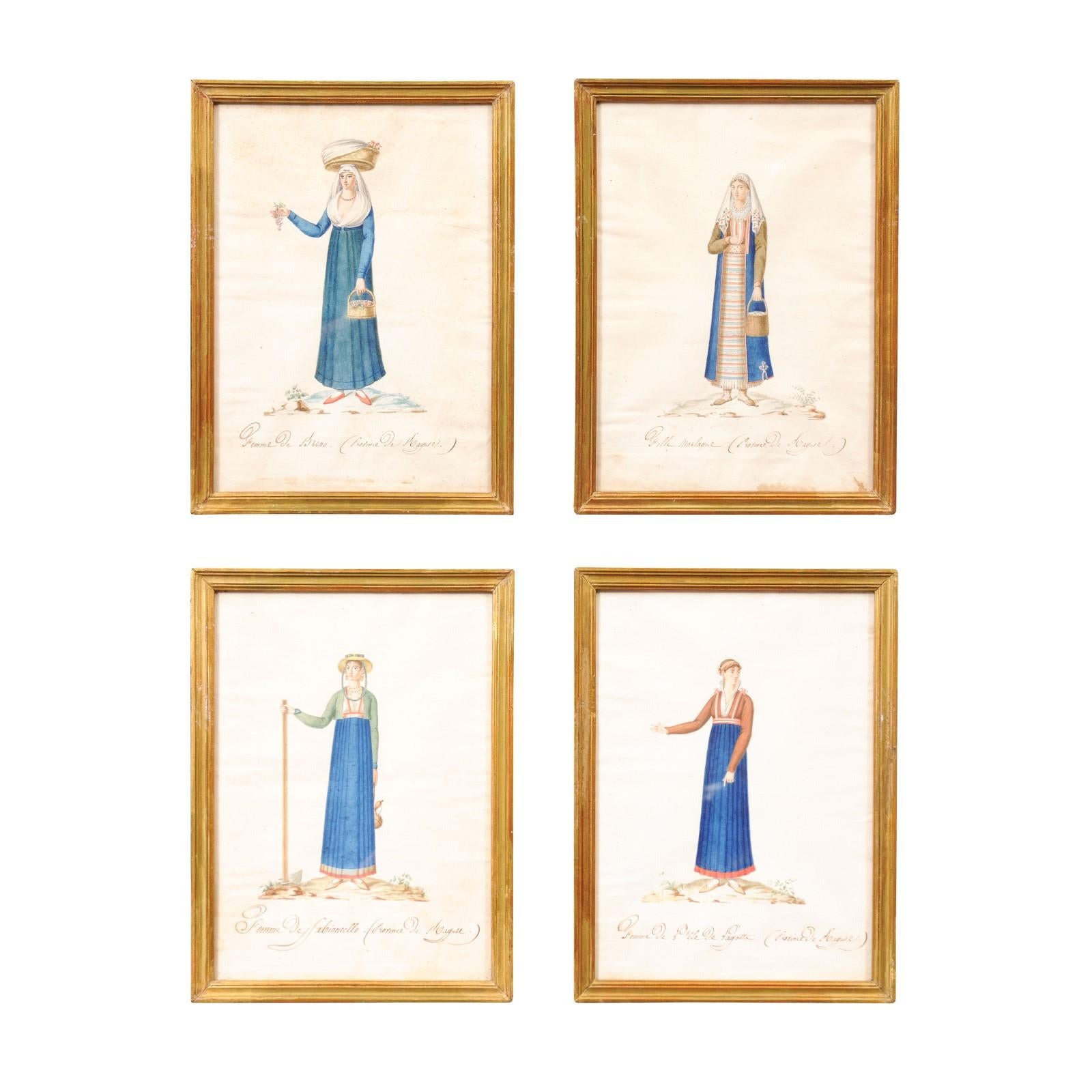 Set of 4 19th Century French Gilt Framed Water Color Female Portraits In Good Condition In Atlanta, GA