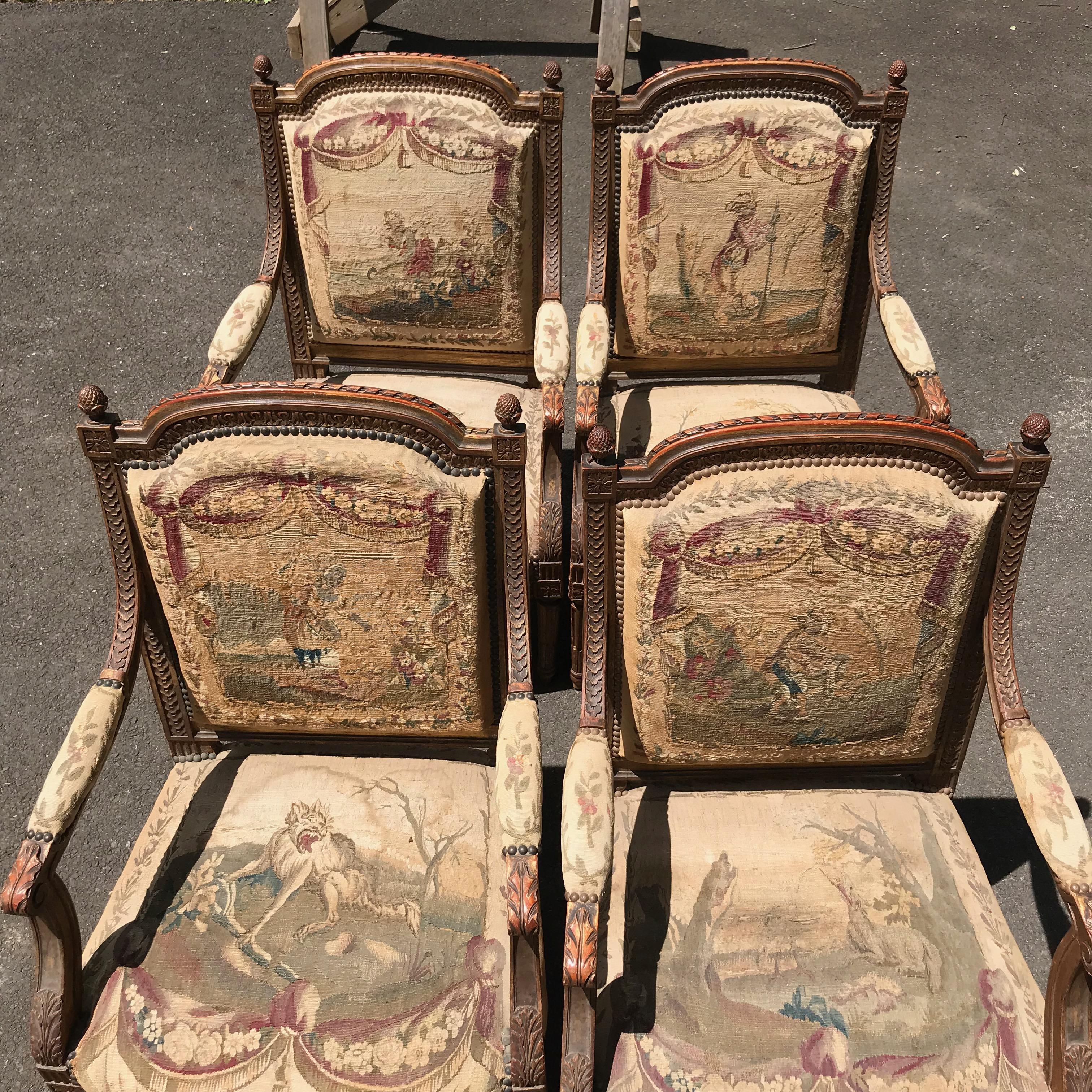 Carved Set of 4, 19th Century French Louis XVI Fauteuils For Sale