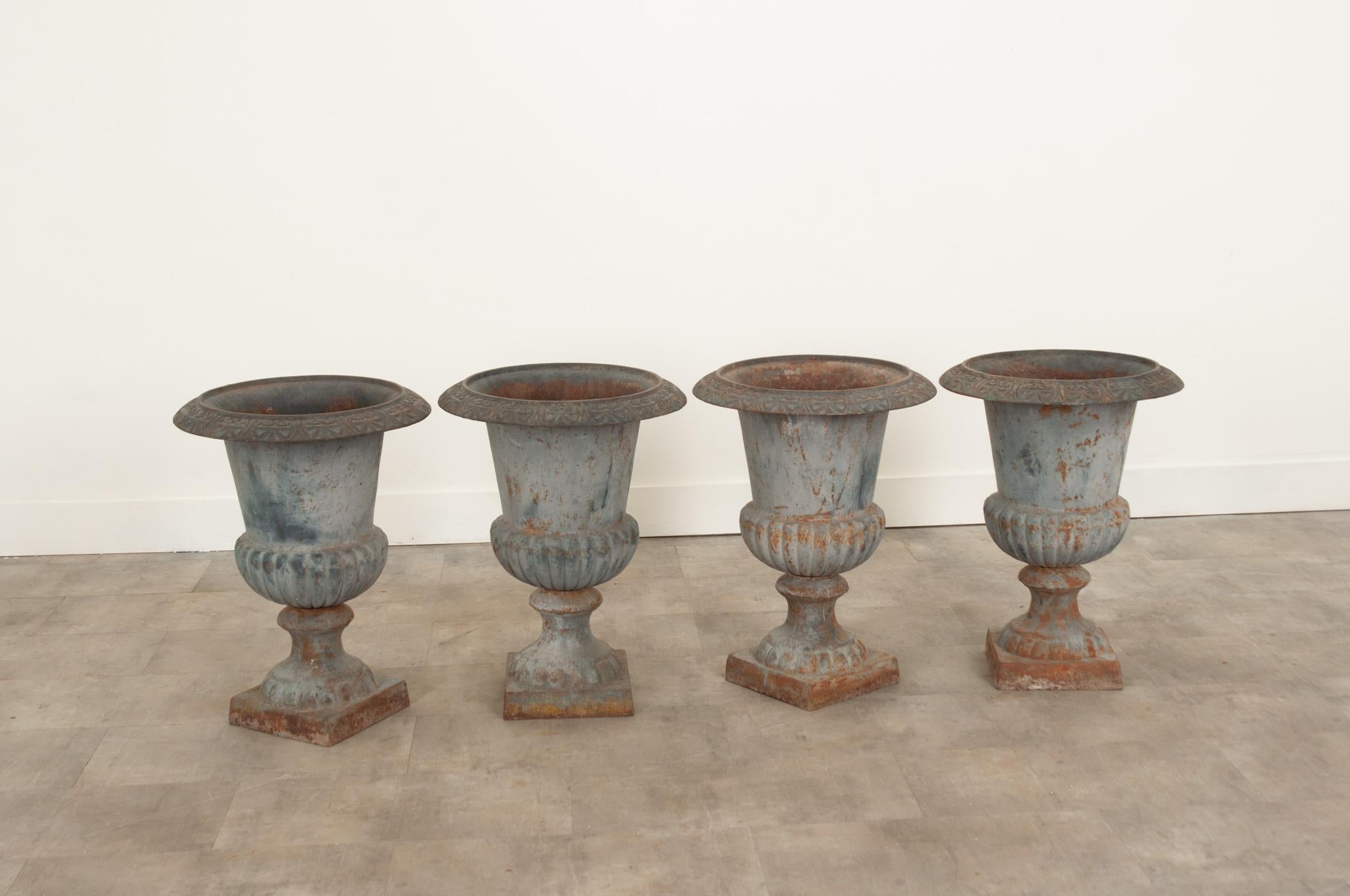 Rustic Set of 4 19th Century Iron Garden Urns For Sale