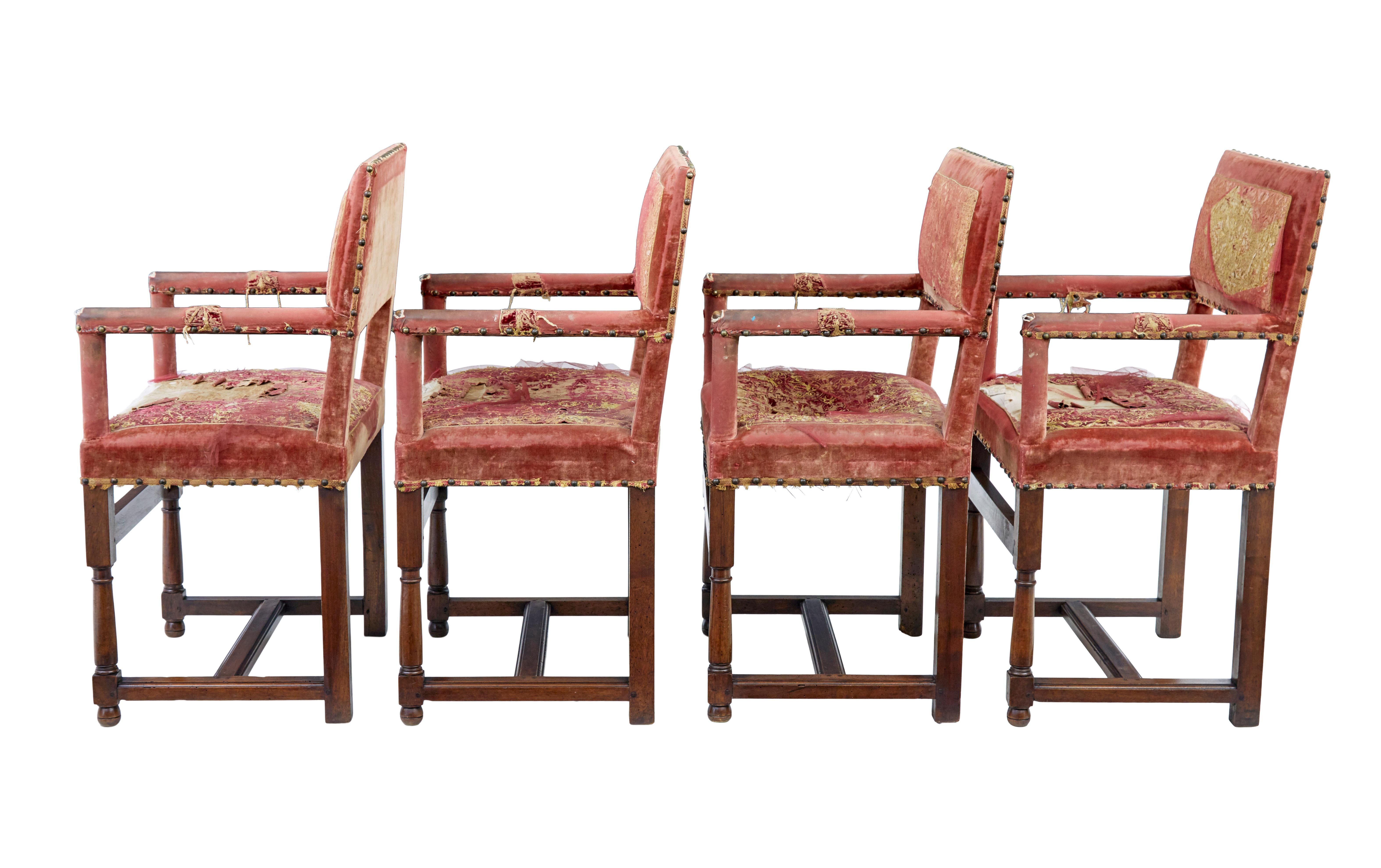 Set of 4 19th century walnut coronation armchairs circa 1860.

We are pleased to offer this rare set of 4 coronation chairs.  Straight arms and back, standing on front turned legs united to the back legs by stretcher.  All made from solid