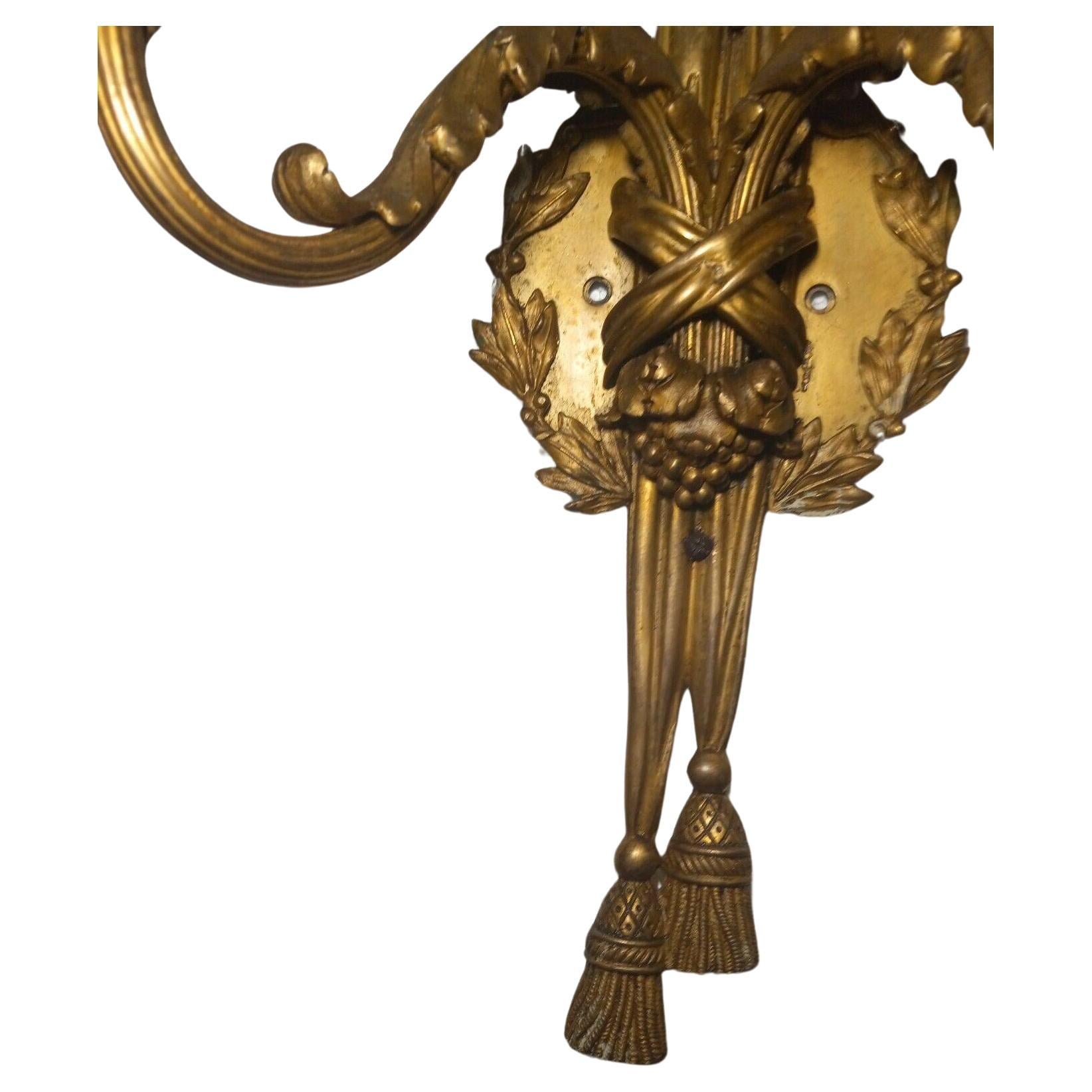 Matching SET of 4 Large 19thc French Louis XVI Bronze Wall Sconces. Highly detailed, ribbon, rams head, Laurel wreath, etc. These are gas converted Wall Sconces with E.F. Caldwell quality.