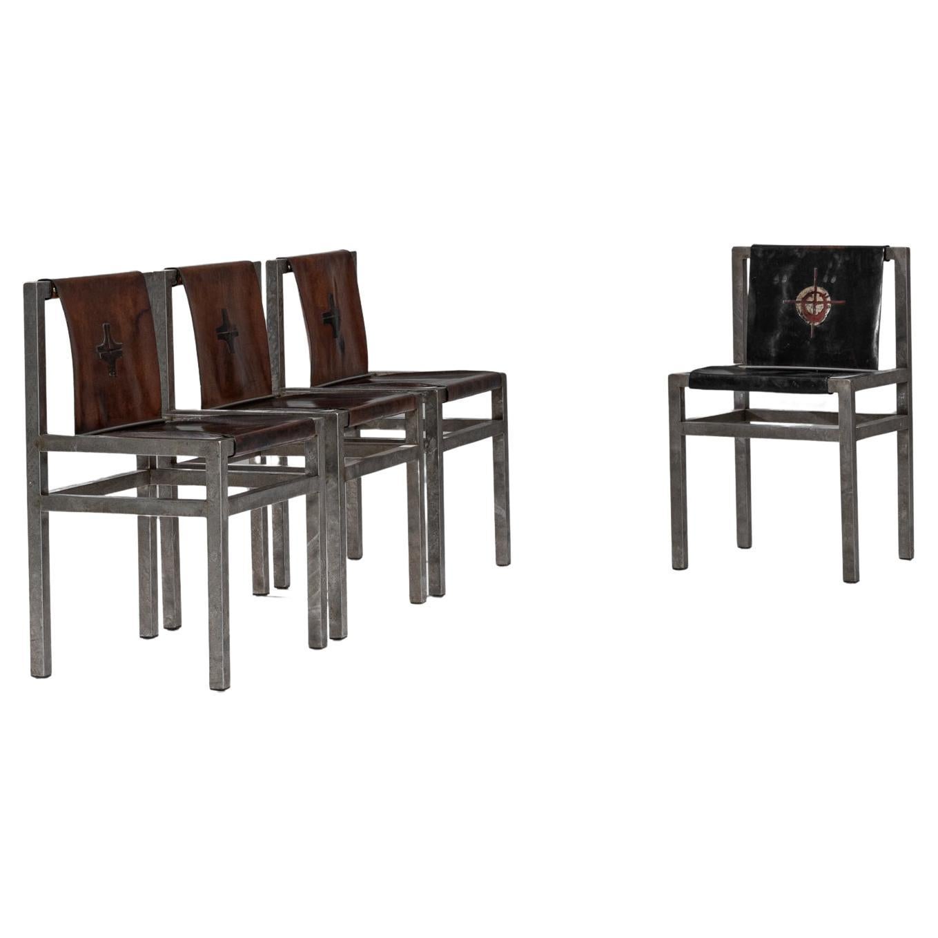 Set di 4 sedie da pranzo francesi del XX secolo in metallo con seduta in pelle