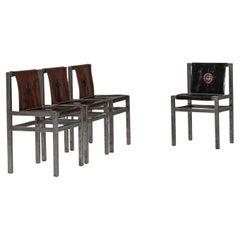 Set of 4, 20th Century French Metal Dining Chairs with Leather Seats