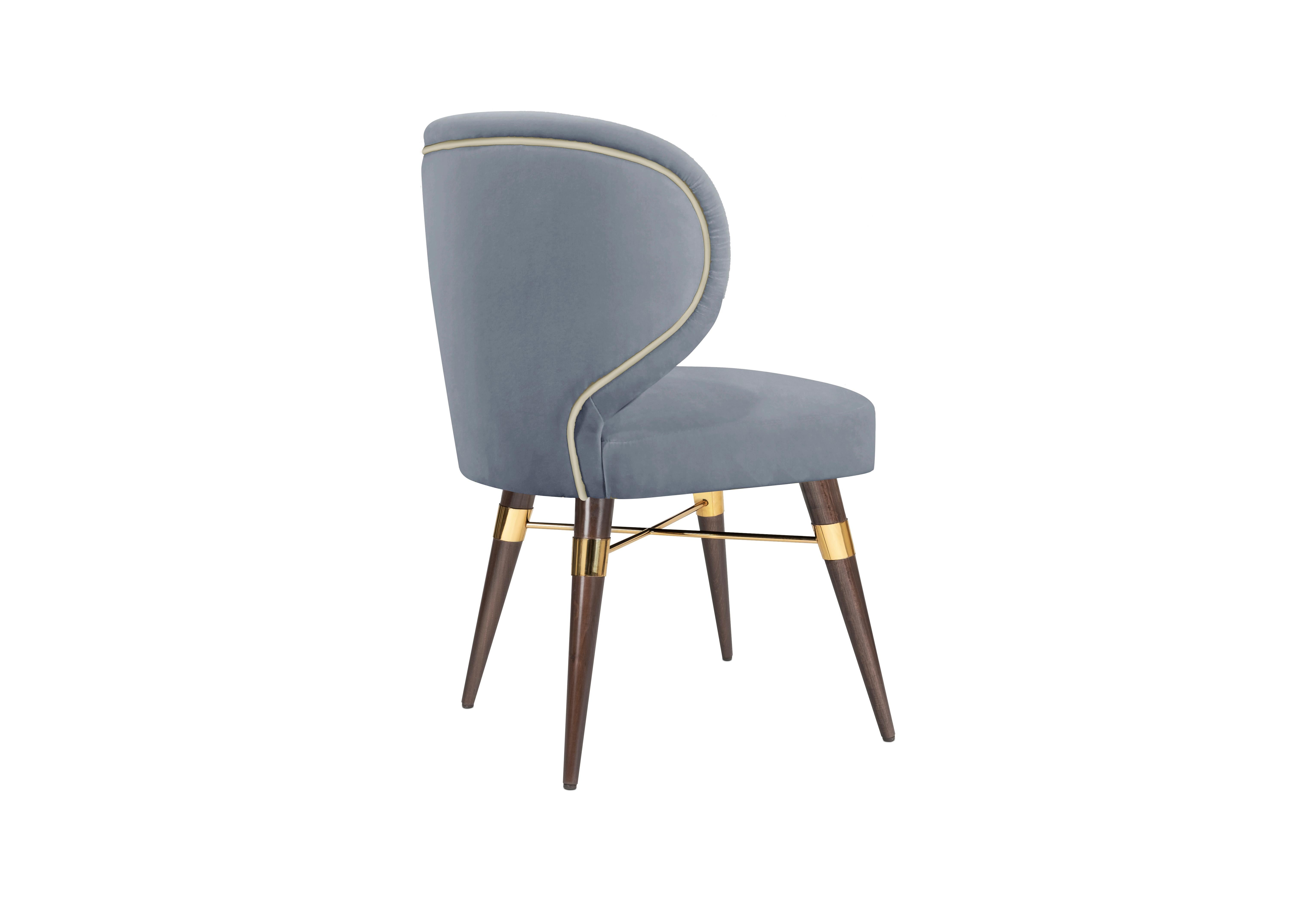 Set of 4 21st Century Jacquard Velvet Louis Dining Chair Brass Wood by Ottiu For Sale 3