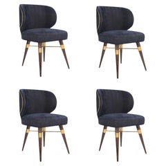 Set of 4 21st Century Jacquard Velvet Louis Dining Chair Brass Wood by Ottiu