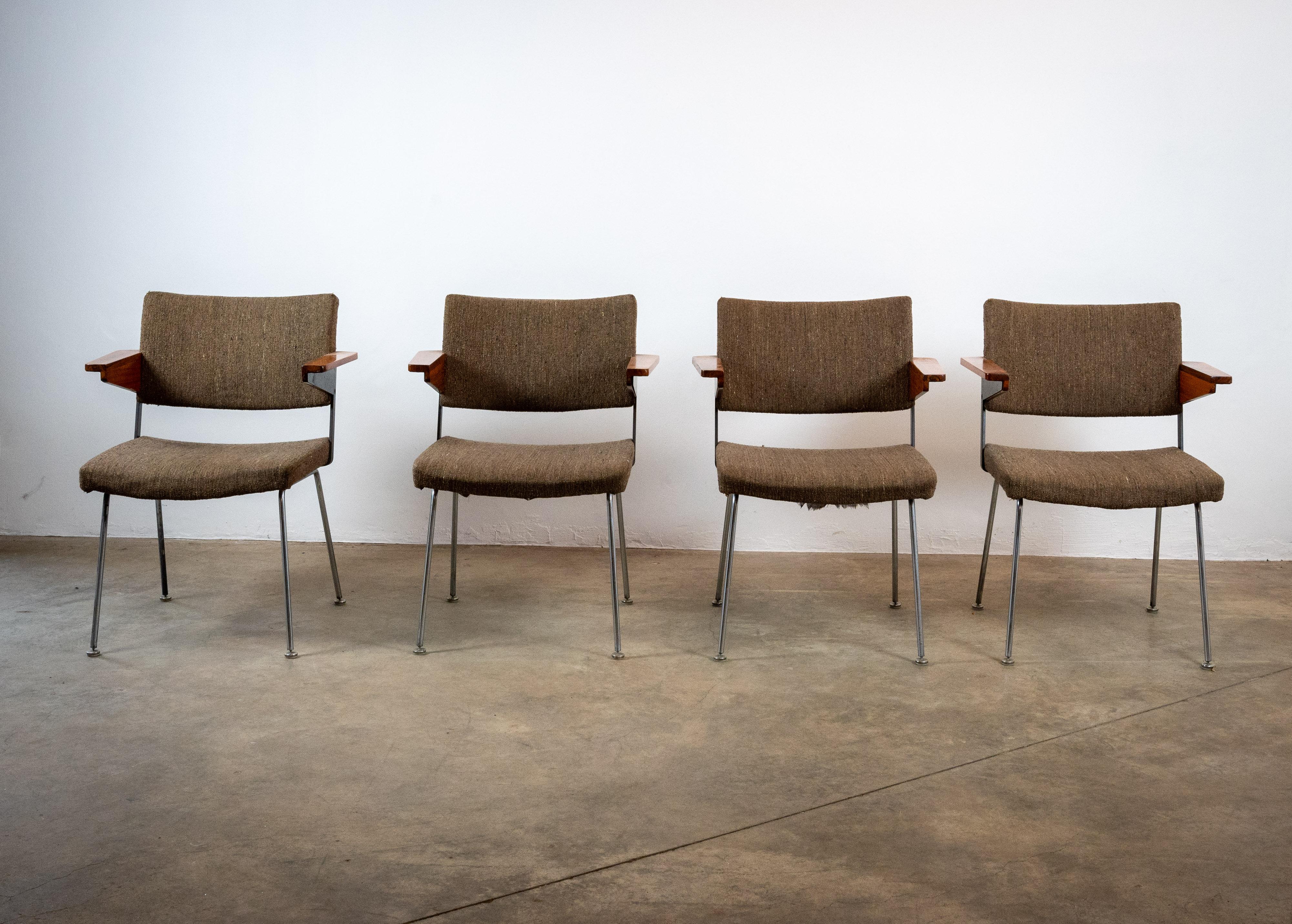 Presenting a set of 8 exquisite Gispen No.11 chairs, available for purchase as a set of 4 or 8. These mid-century marvels, designed by A.R. Cordemeyer, exude timeless elegance. Distinguished by their well-crafted wooden armrests, these chairs boast