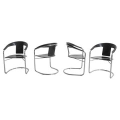 Set of 4 A. Rizzatto Chrome & Black Leather Chairs for Lo Studio