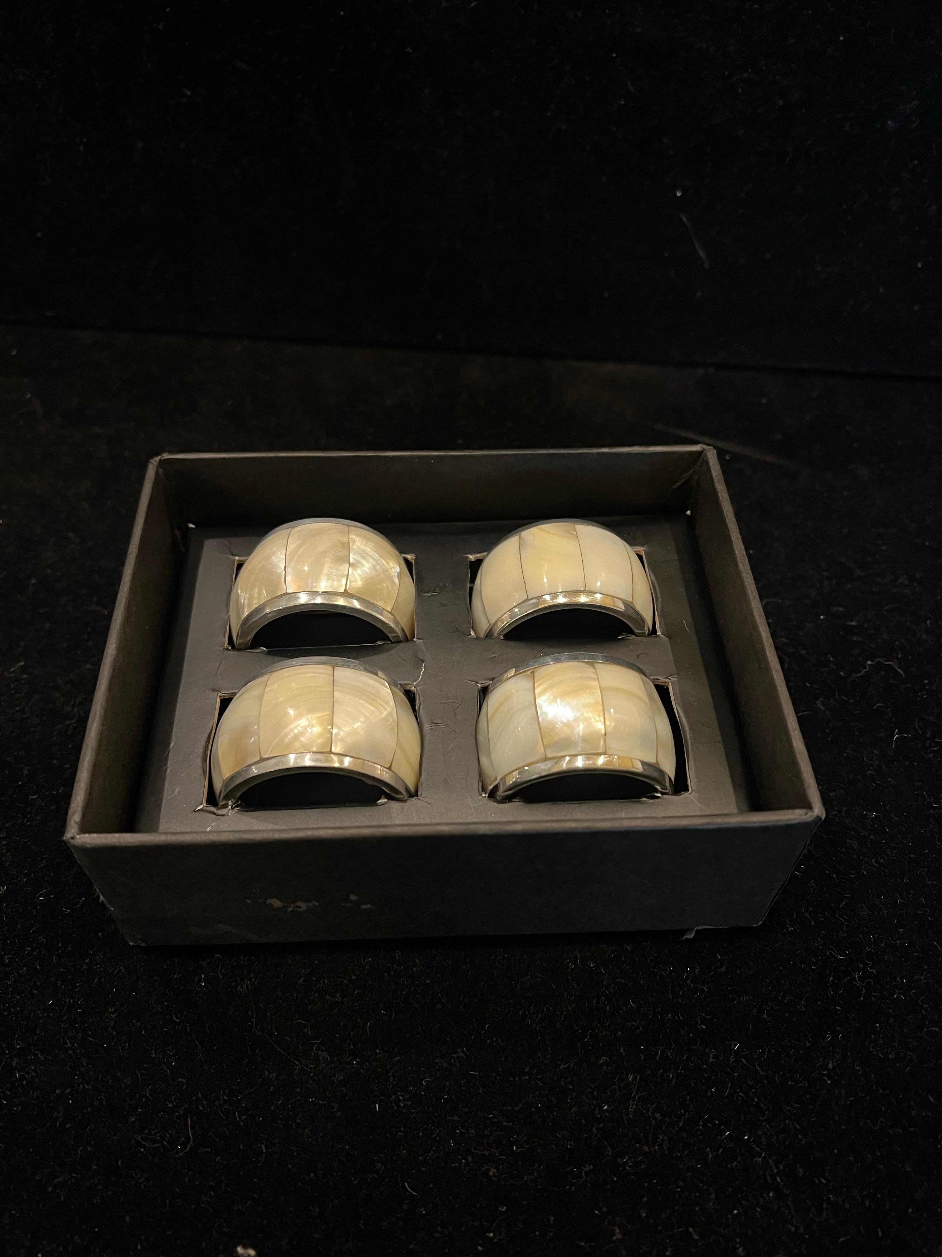 Post-Modern Set of 4 Abalone Shell & Chrome Napkin Ring Holders 2 Sets Available NIB For Sale