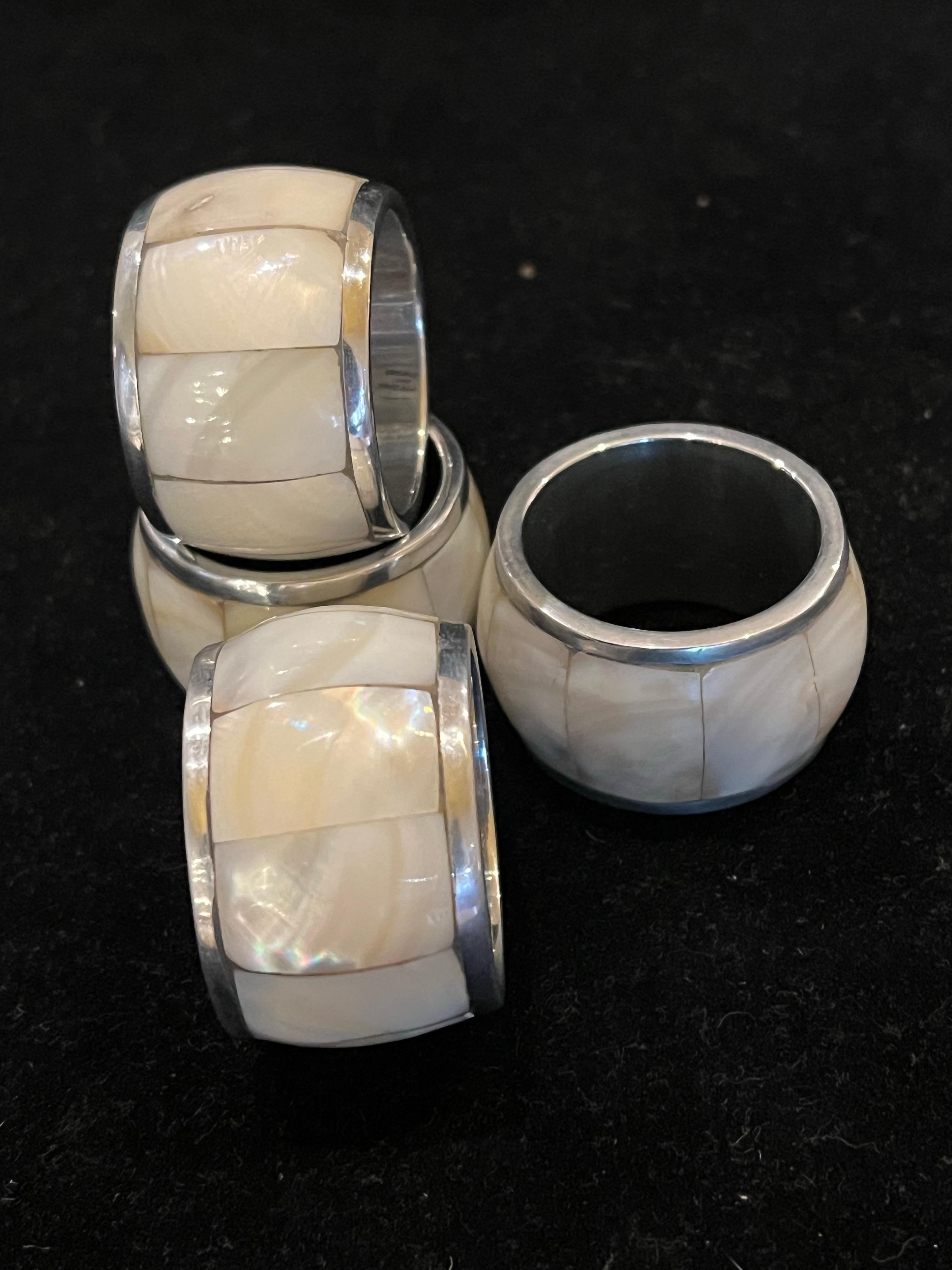 Indian Set of 4 Abalone Shell & Chrome Napkin Ring Holders 2 Sets Available NIB For Sale