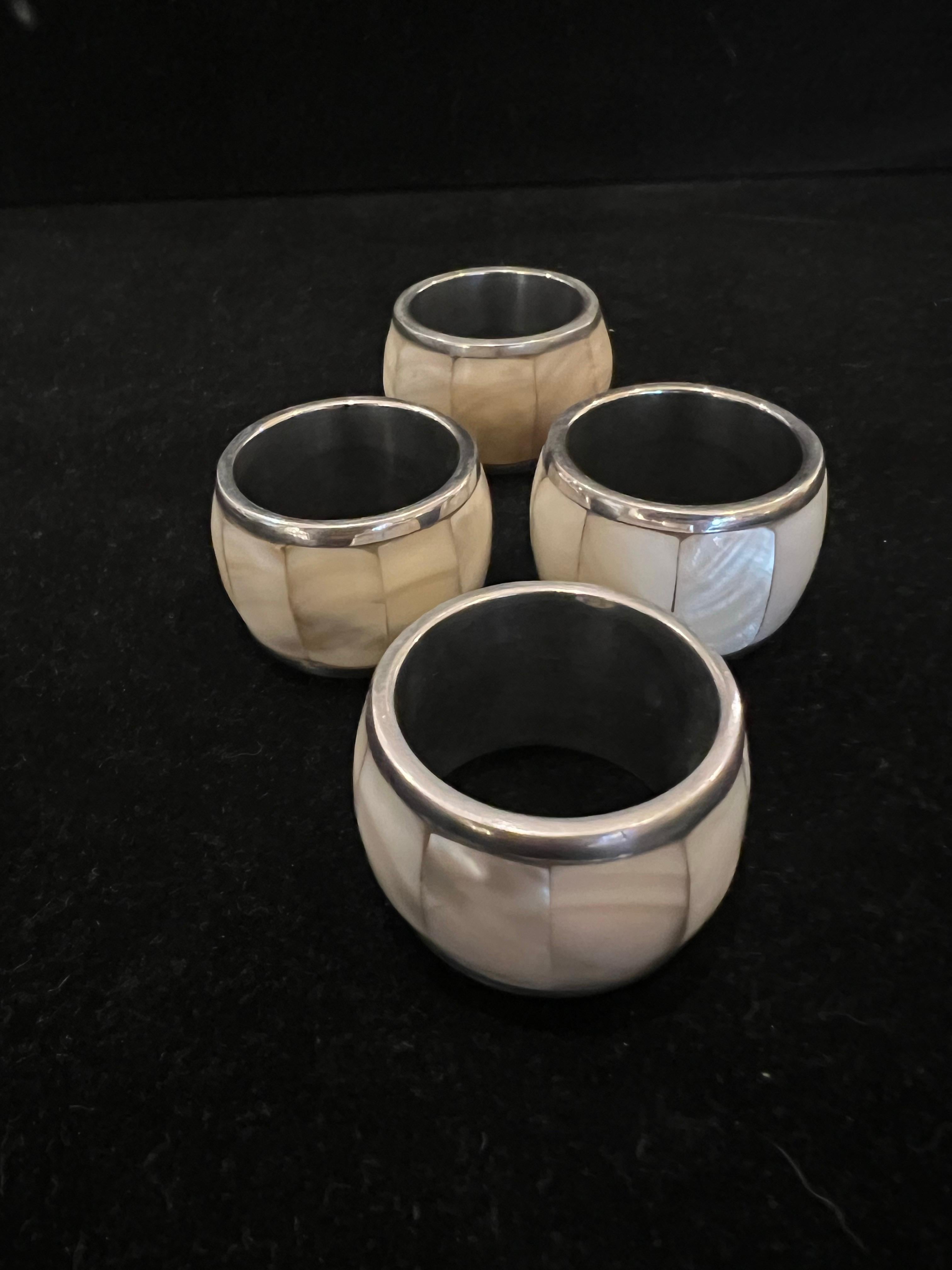 Set of 4 Abalone Shell & Chrome Napkin Ring Holders 2 Sets Available NIB In Excellent Condition For Sale In San Diego, CA