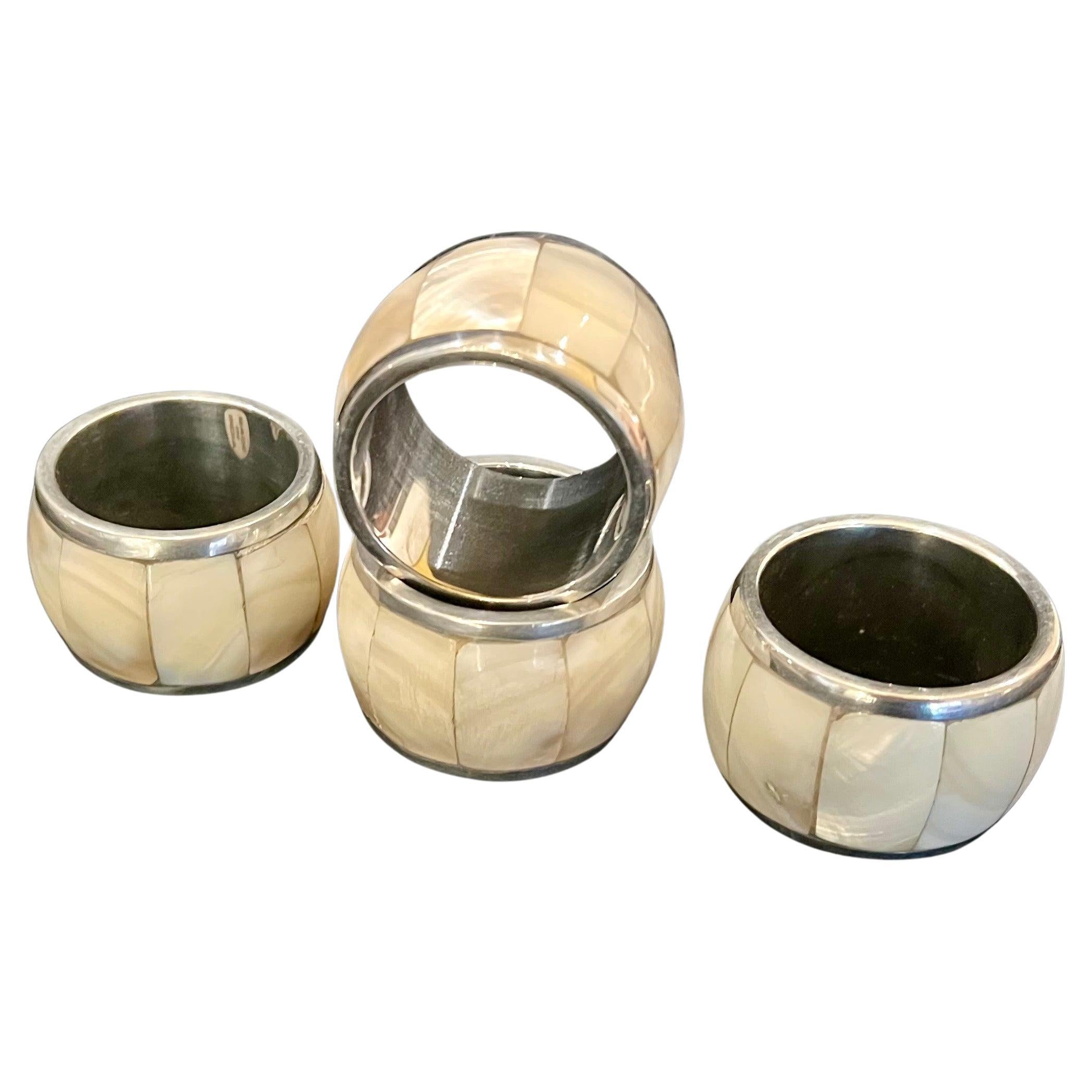 Set of 4 Abalone Shell & Chrome Napkin Ring Holders 2 Sets Available NIB