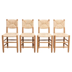 Set of 4 After Charlotte Perriand N.19 Chairs, Wood Rattan, Mid-Century Modern