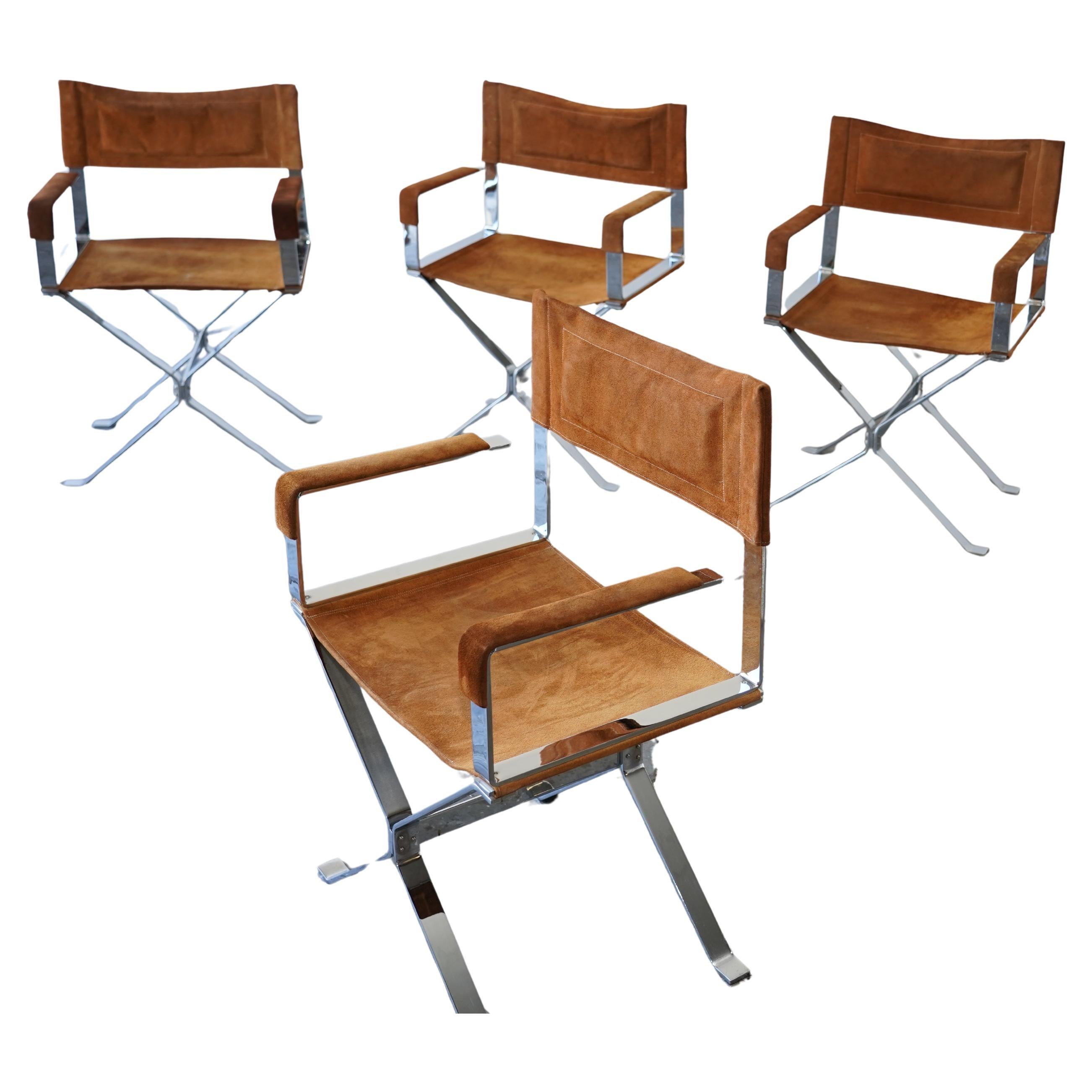 Set of 4 Alessandro Albrizzi Chrome 
Cognac Suede Director Chairs in vendita