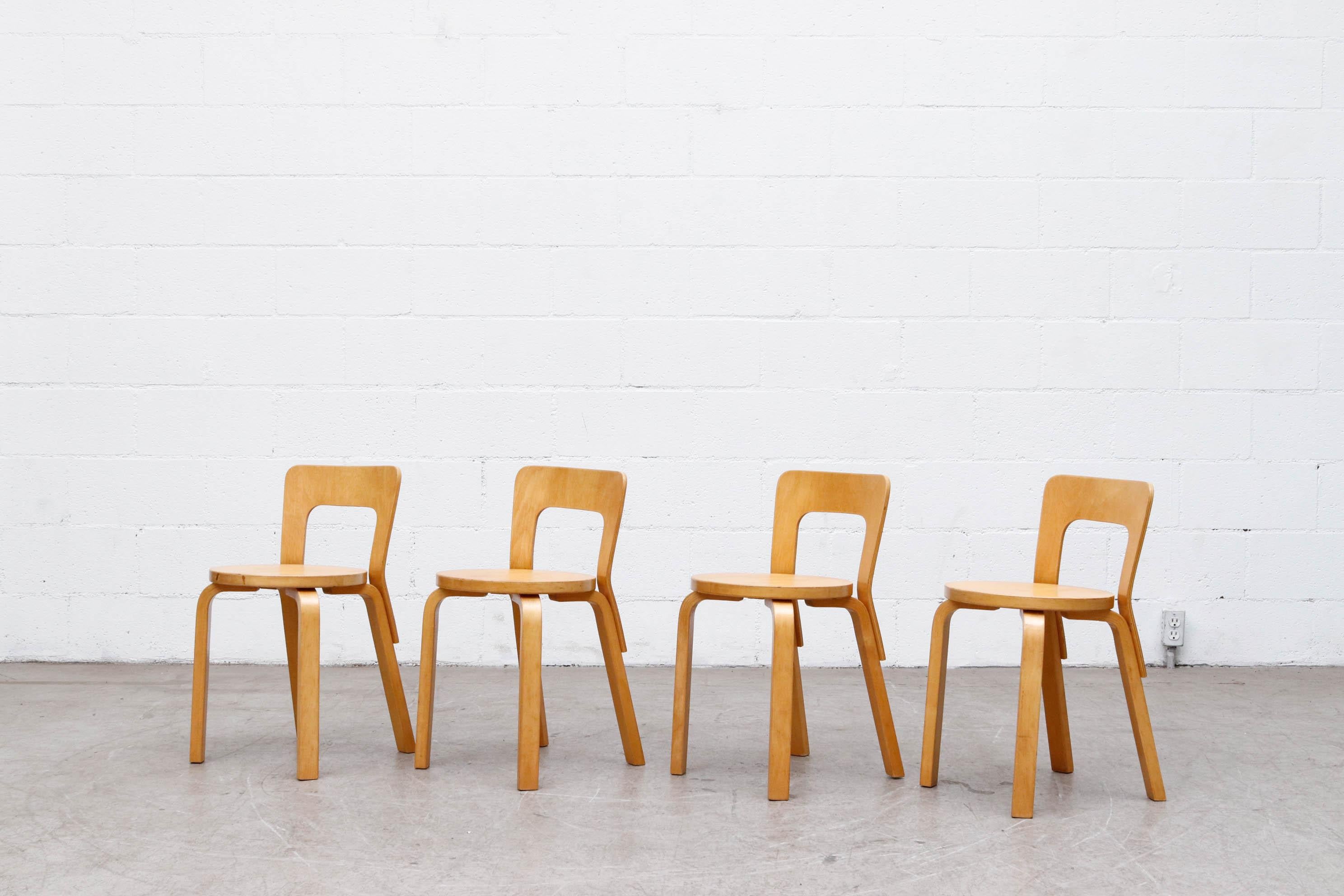 Mid-Century Modern Set of 4 Alvar Aalto Model 65 Low Back Blonde Dining Chairs for Artek