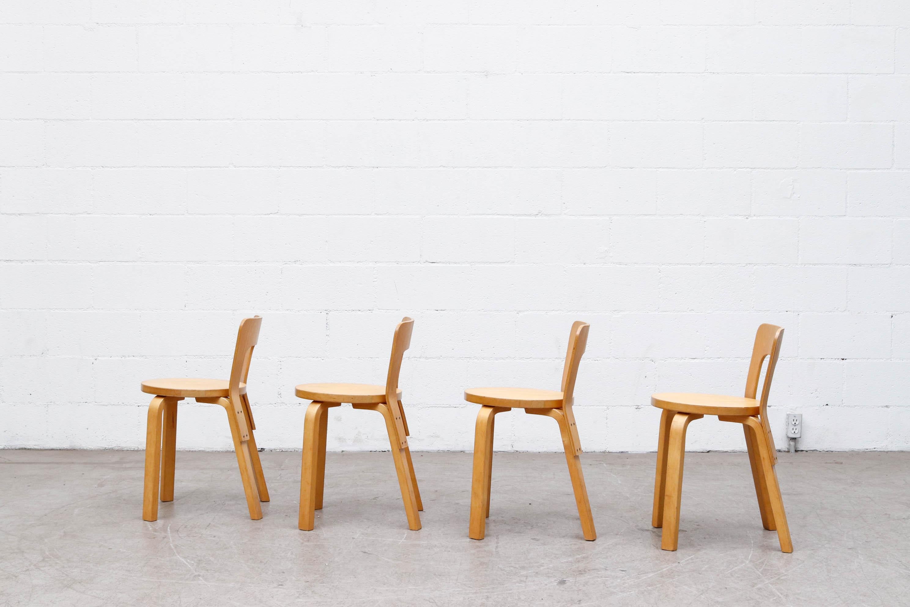 Finnish Set of 4 Alvar Aalto Model 65 Low Back Blonde Dining Chairs for Artek